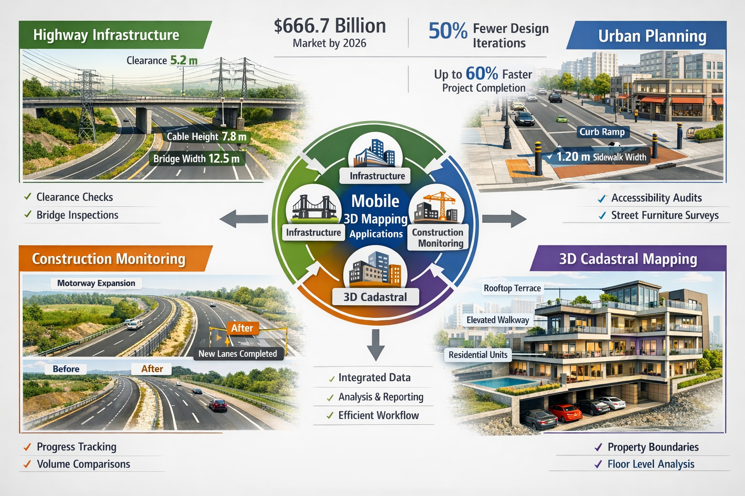 Landscape format (1536x1024) comprehensive infographic showcasing real-world applications of mobile 3D mapping across four quadrants: highwa
