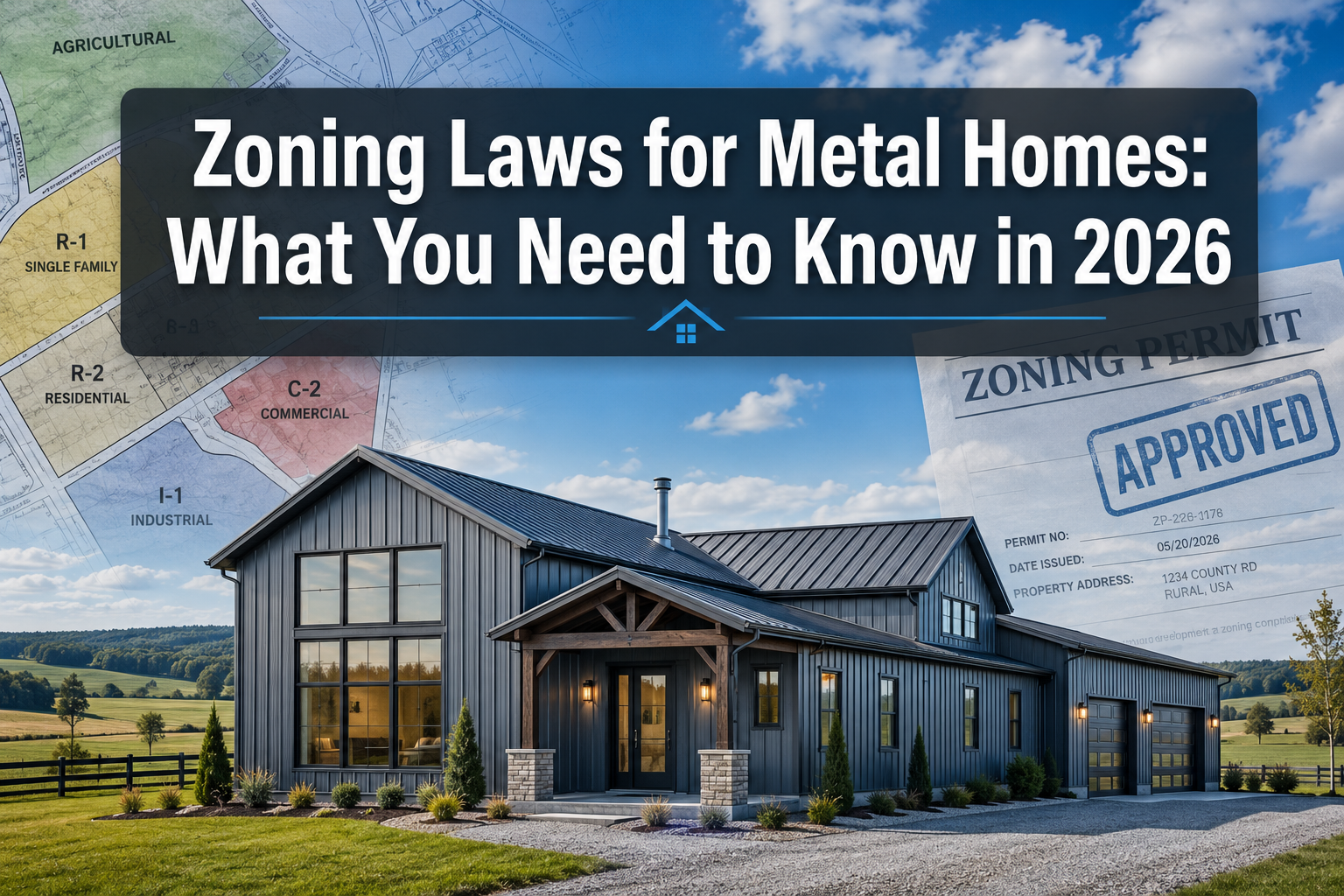Professional () hero image with : 'Zoning Laws for Metal Homes: What You Need to Know in 2026' in extra large white with