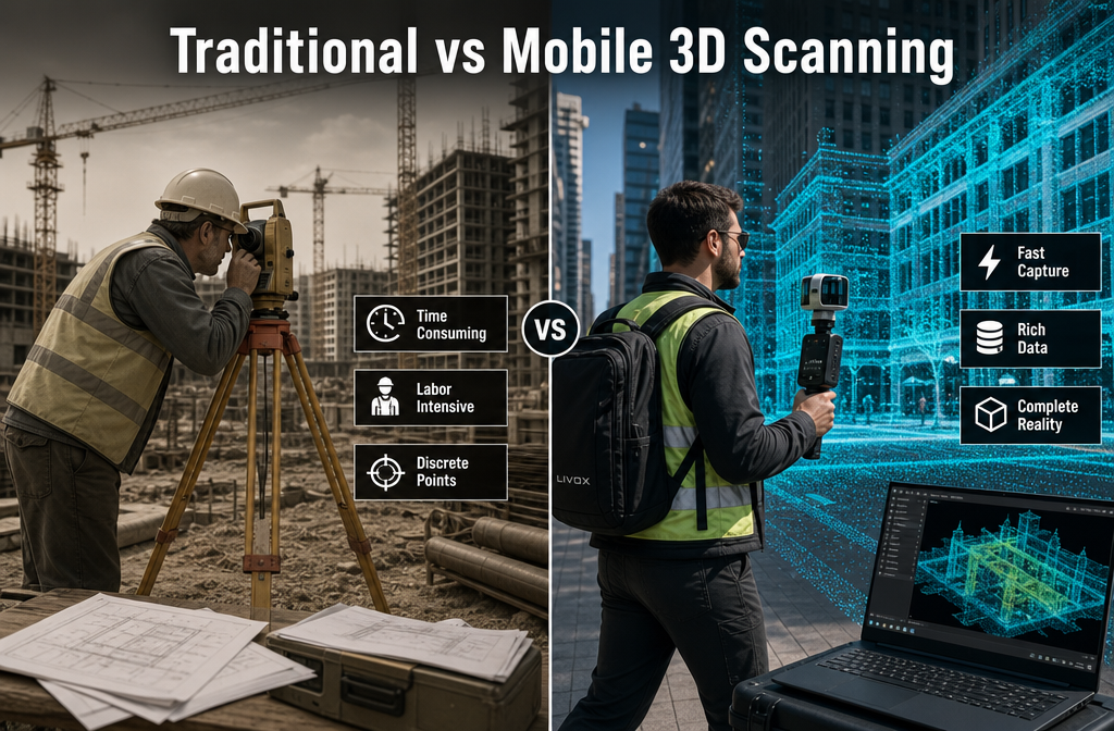 Detailed () editorial image showing a split-screen comparison: LEFT SIDE depicts a traditional land surveyor with a