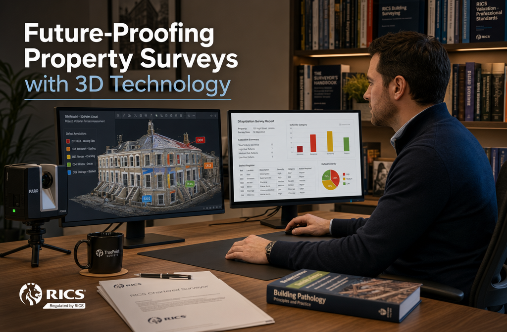 Detailed () editorial image depicting a professional chartered surveyor at a modern desk reviewing a detailed 3D point cloud