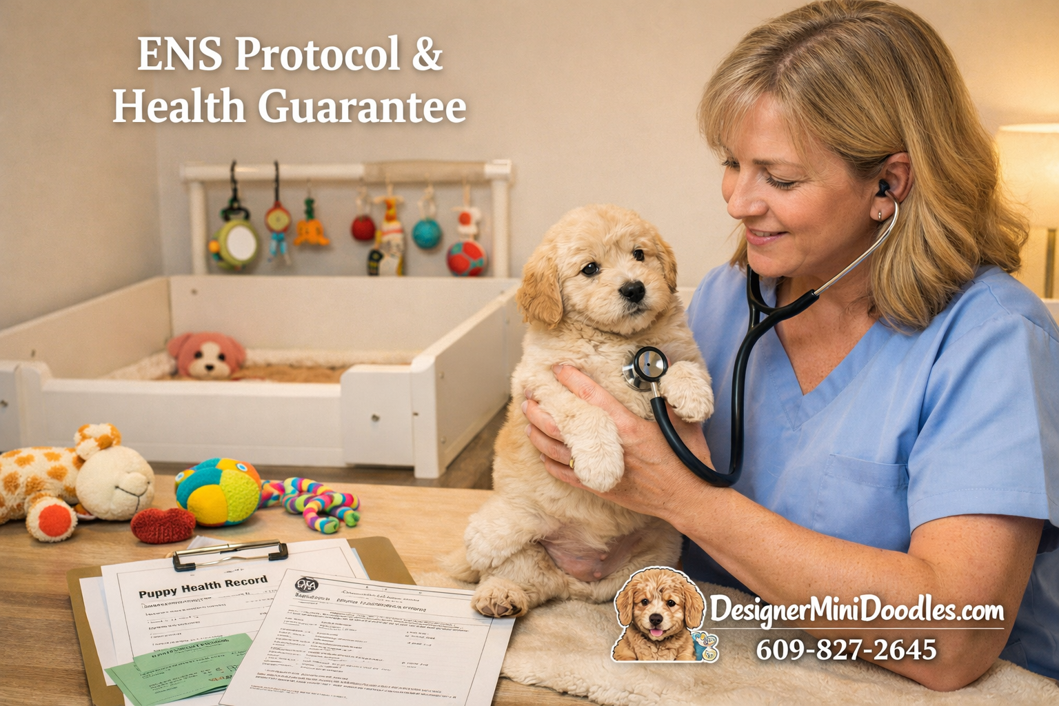 () professional photograph of a veterinary-style setting showing a mini goldendoodle puppy being examined by a caring
