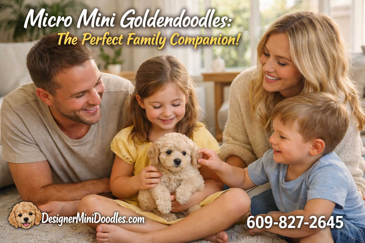 () warm lifestyle photograph showing a happy family with young children playing with a tiny cream-colored micro mini