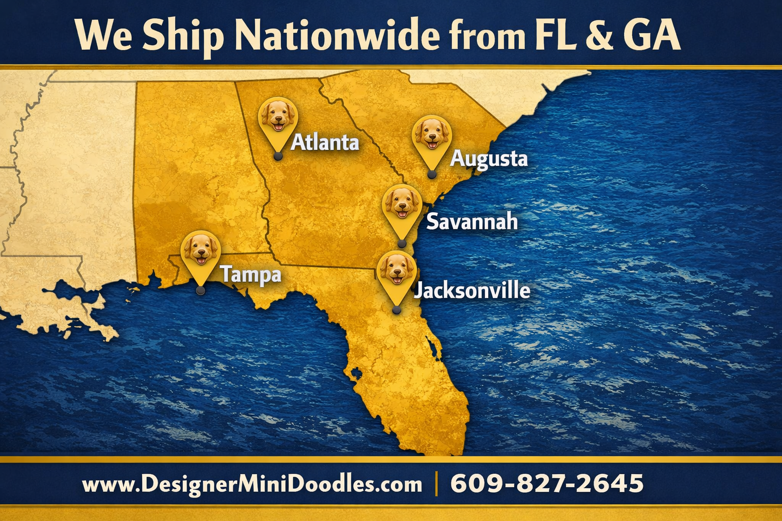() professional map-style graphic showing the southeastern United States highlighting Florida and Georgia with golden pin