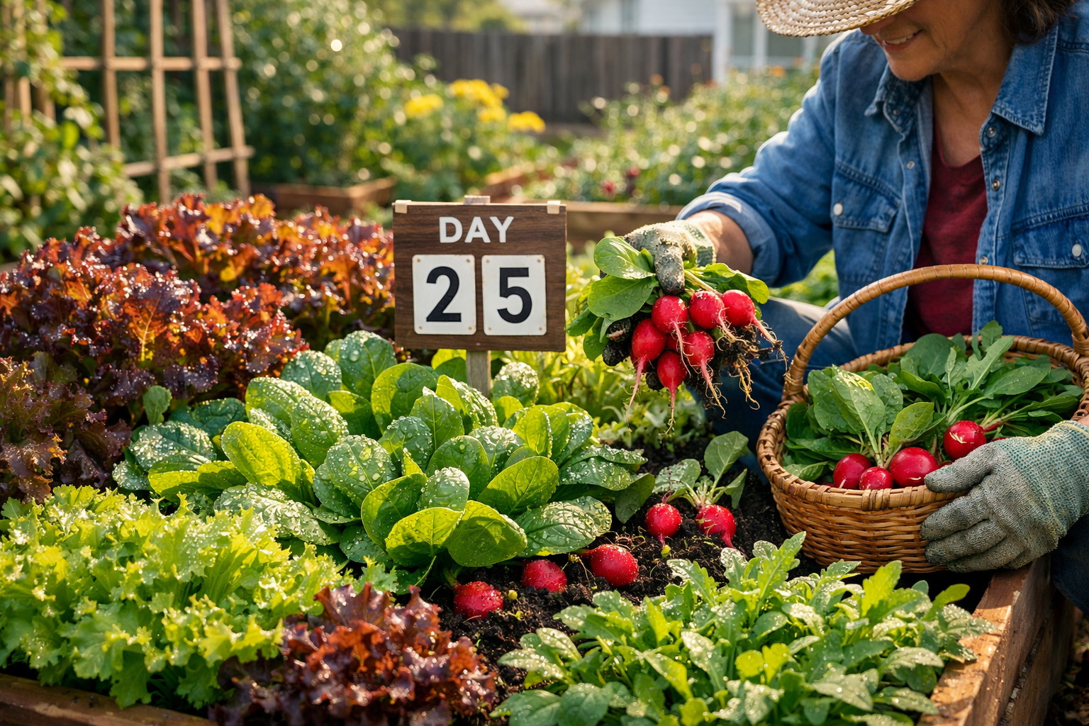 Detailed () image illustrating a vibrant urban garden or raised bed in the USA, with a gardener harvesting various