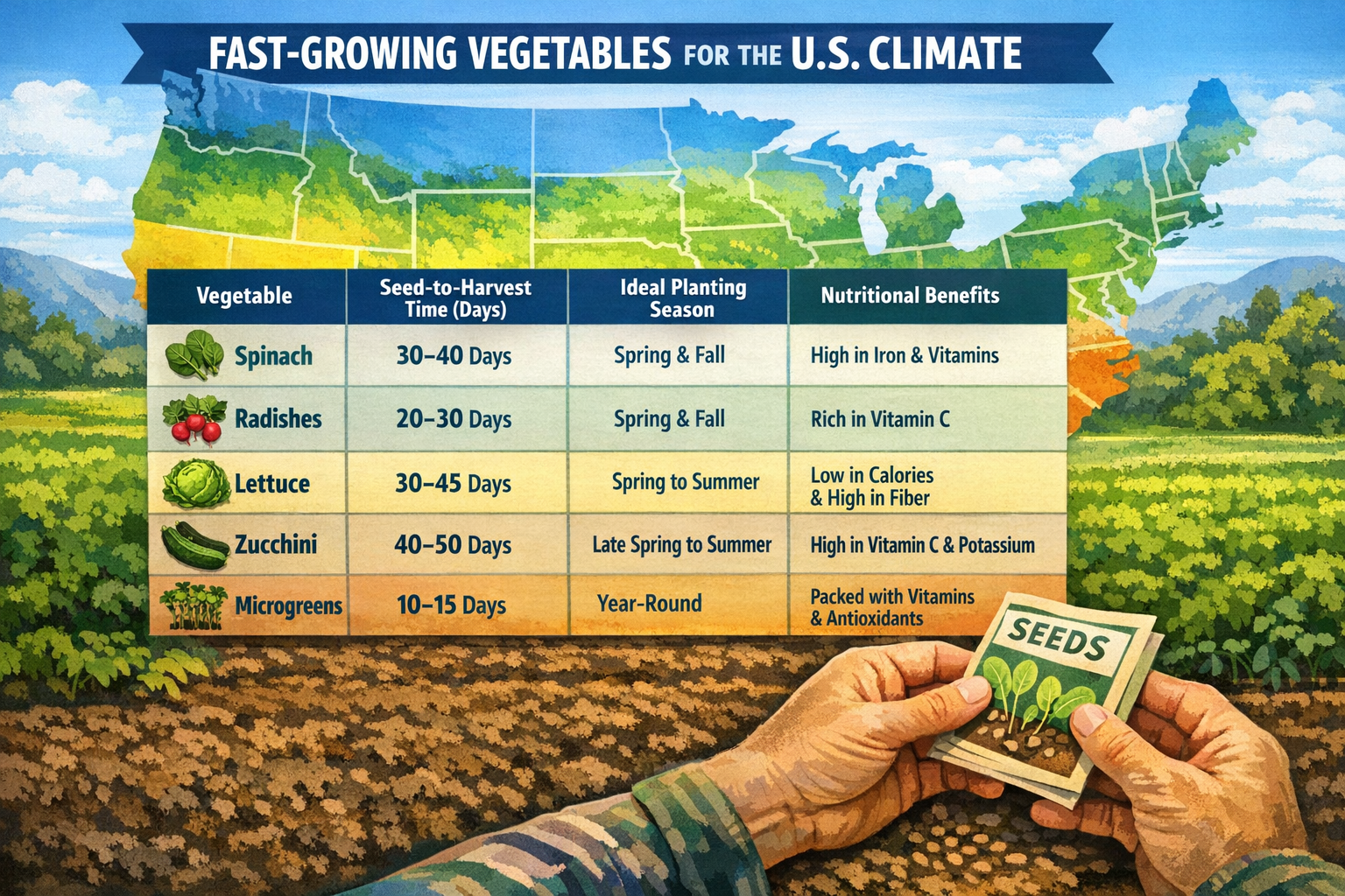 Detailed () image featuring a clear infographic table or chart comparing different fast-growing vegetables for the USA