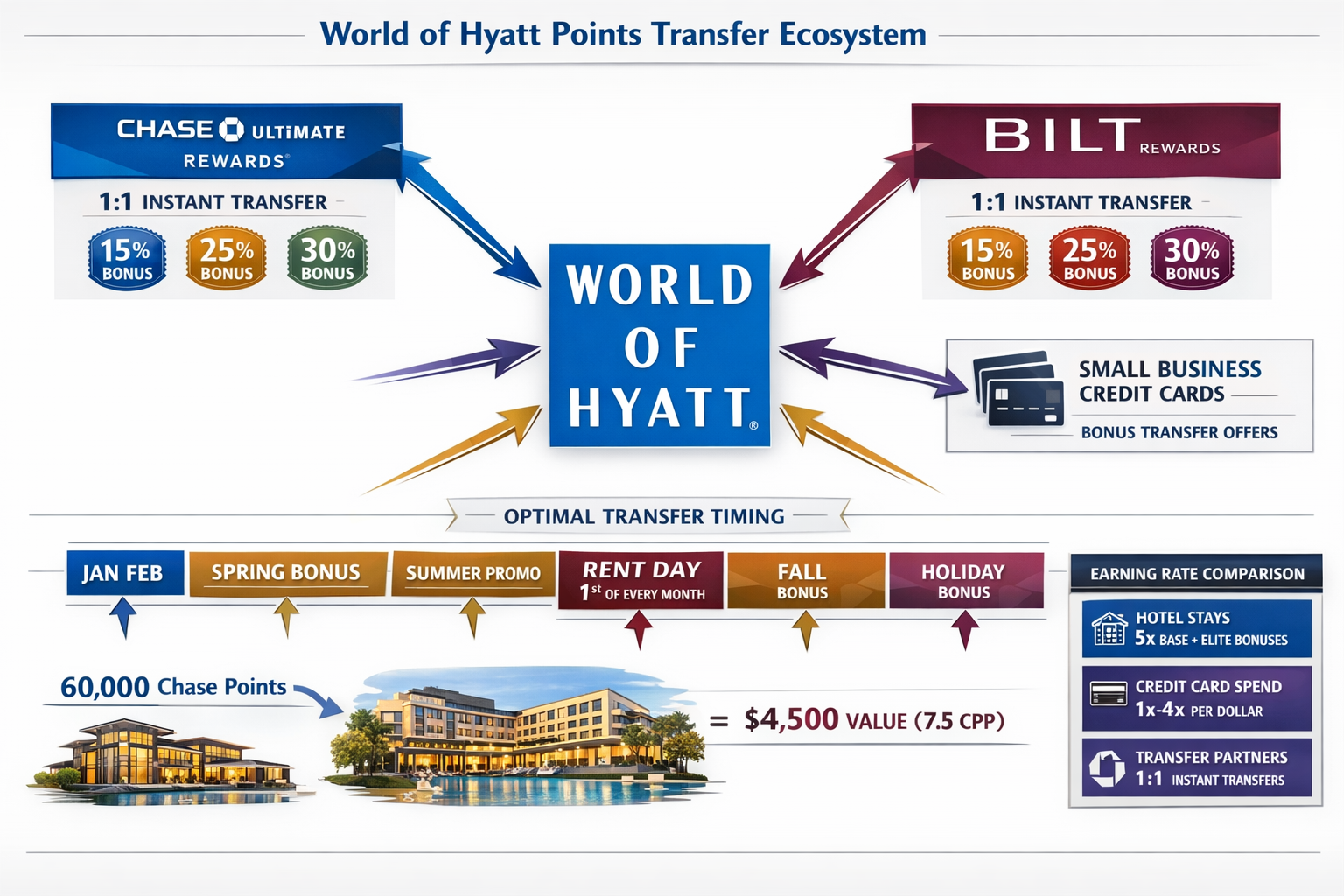 Comprehensive landscape diagram (1536x1024) illustrating transfer partner ecosystem for World of Hyatt points. Central hub shows World of Hy