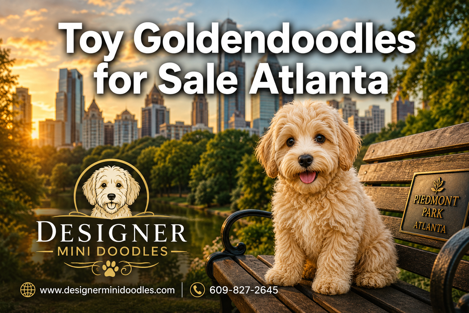 Professional () hero image featuring 'Toy Goldendoodles for Sale Atlanta' in extra large white with dark effect, centered in