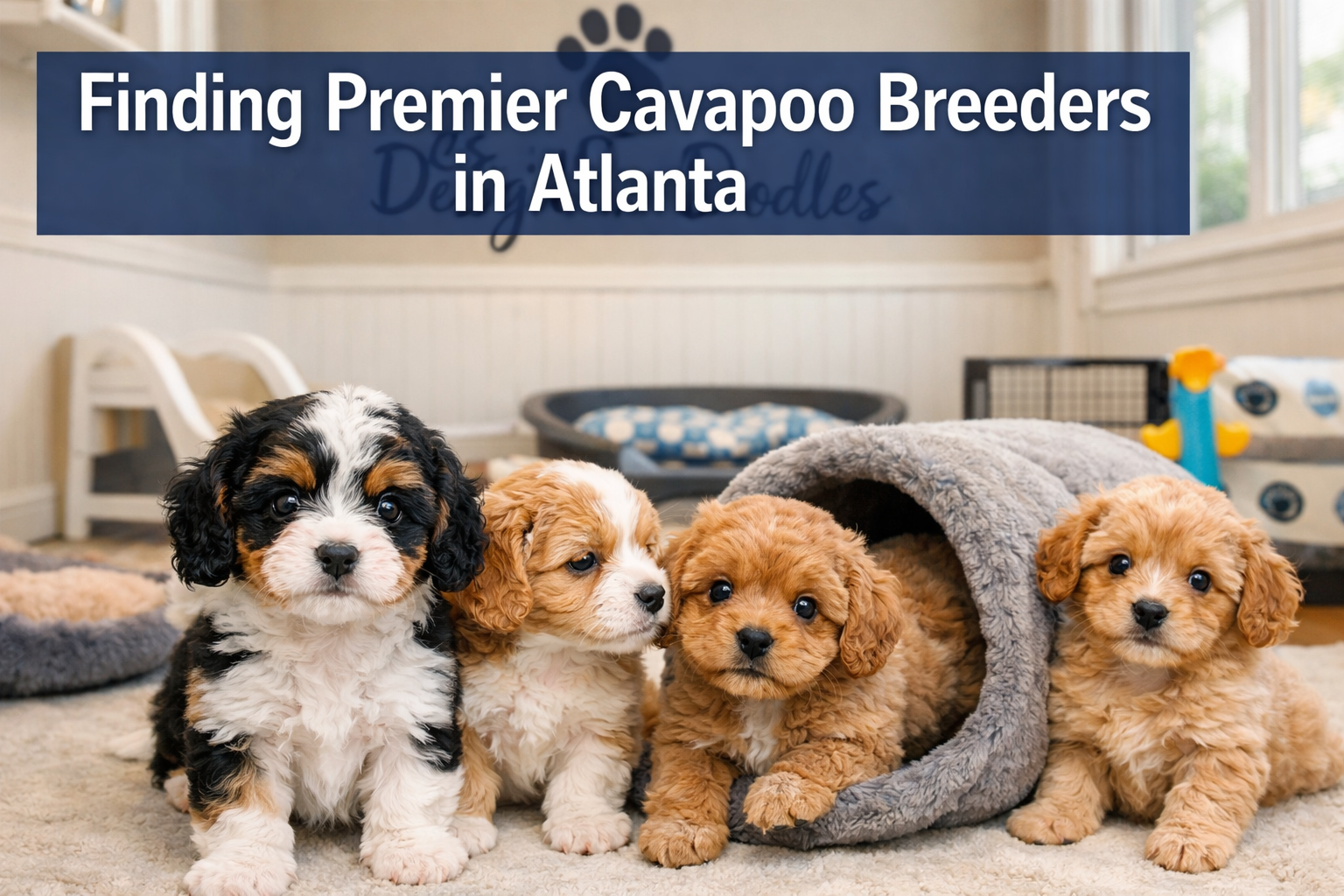 Professional landscape hero image (1536x1024) featuring bold text overlay 'Finding Premier Cavapoo Breeders in Atlanta' in extra large 72pt 