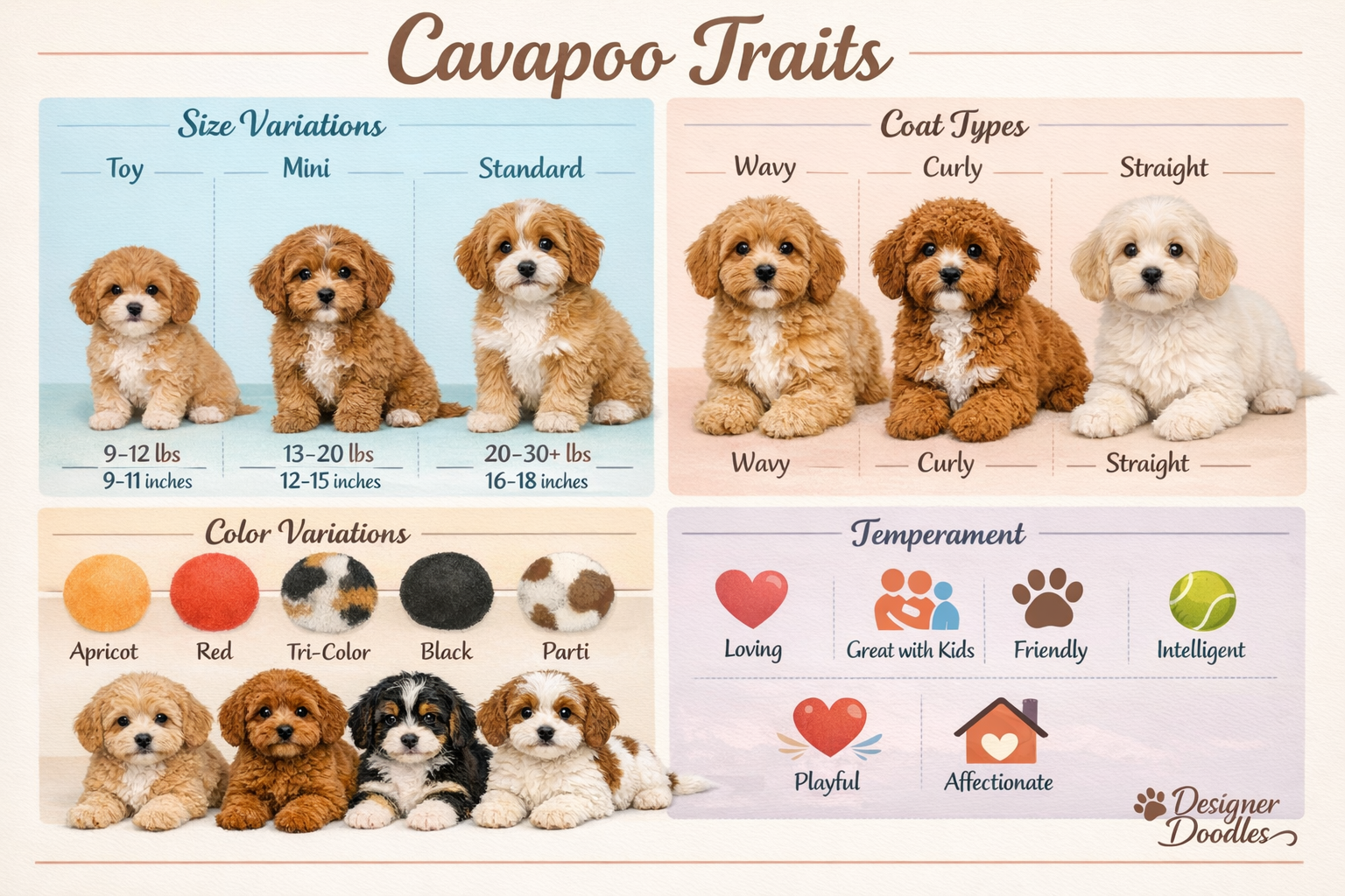 Detailed landscape image (1536x1024) showing comparison chart of Cavapoo puppy characteristics with four distinct sections: size variations 