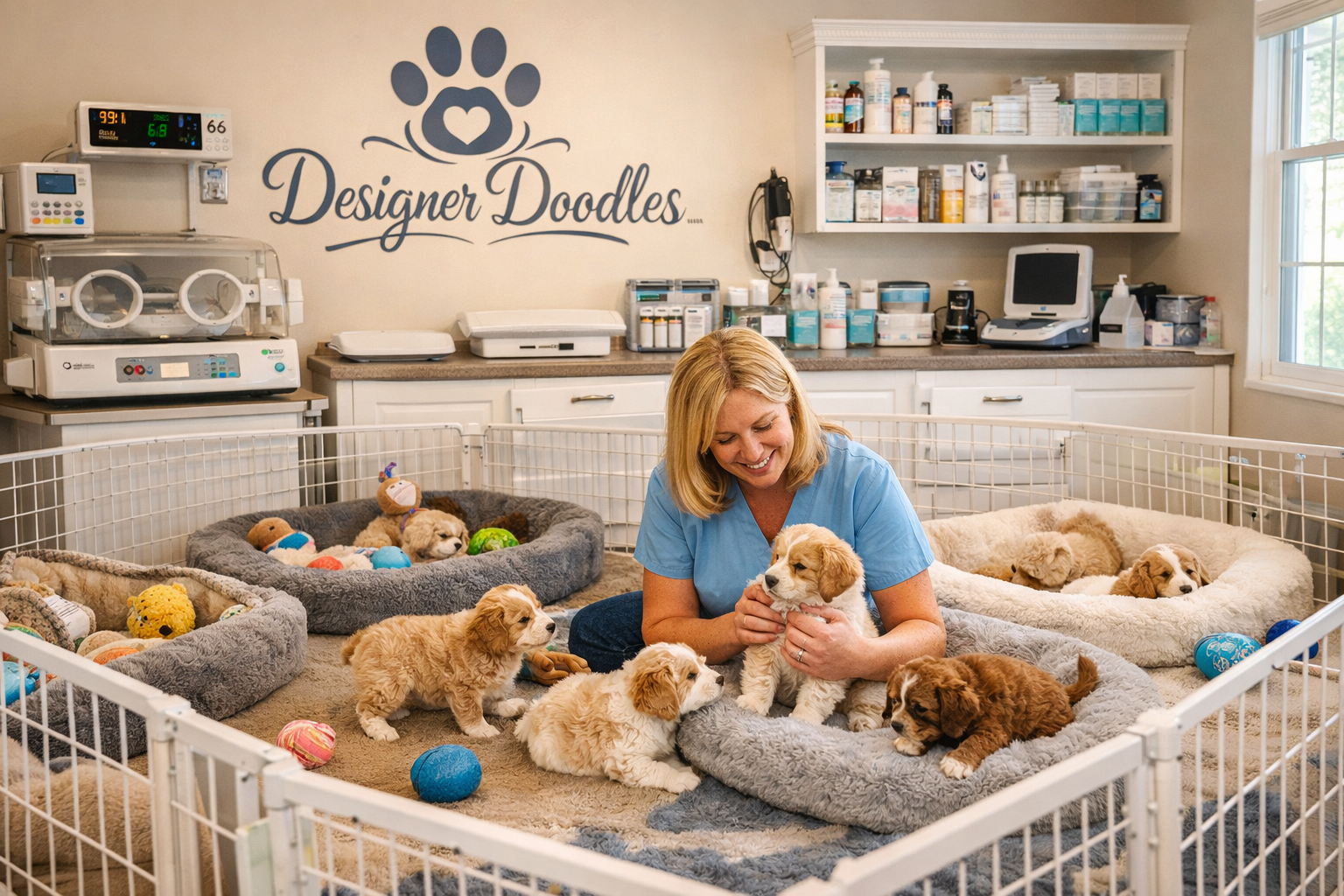 Professional landscape photograph (1536x1024) of pristine Designer Doodles whelping facility in Atlanta area showing spacious, climate-contr