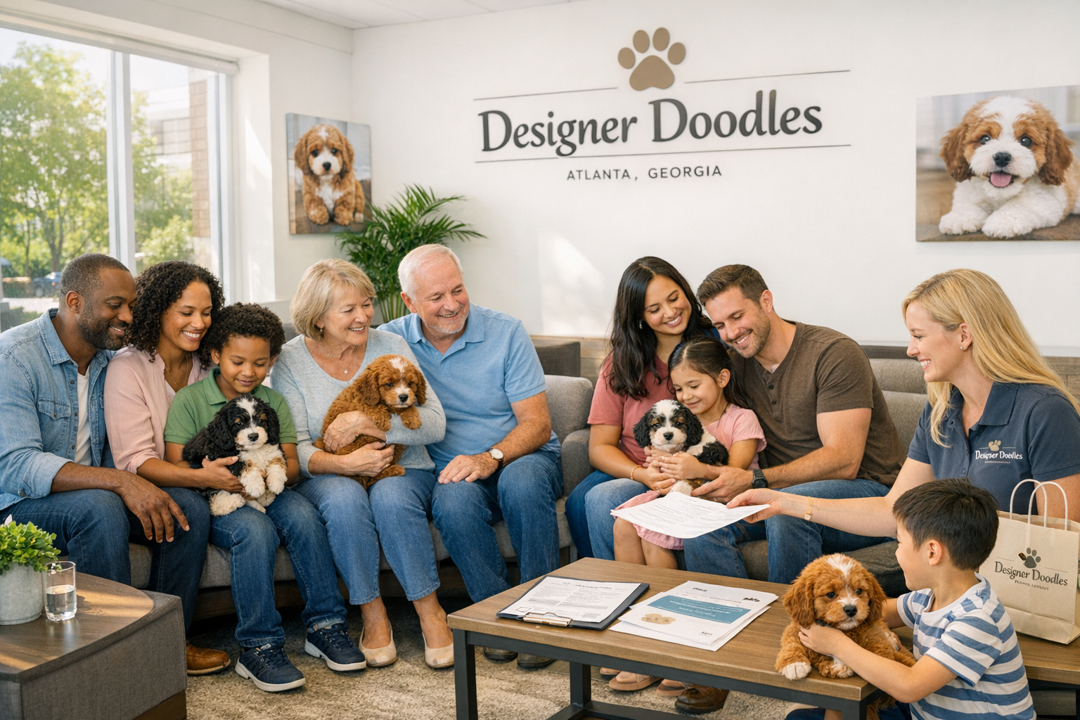 Heartwarming landscape photograph (1536x1024) showing happy families in Atlanta, Georgia area meeting their new Cavapoo puppies at Designer 