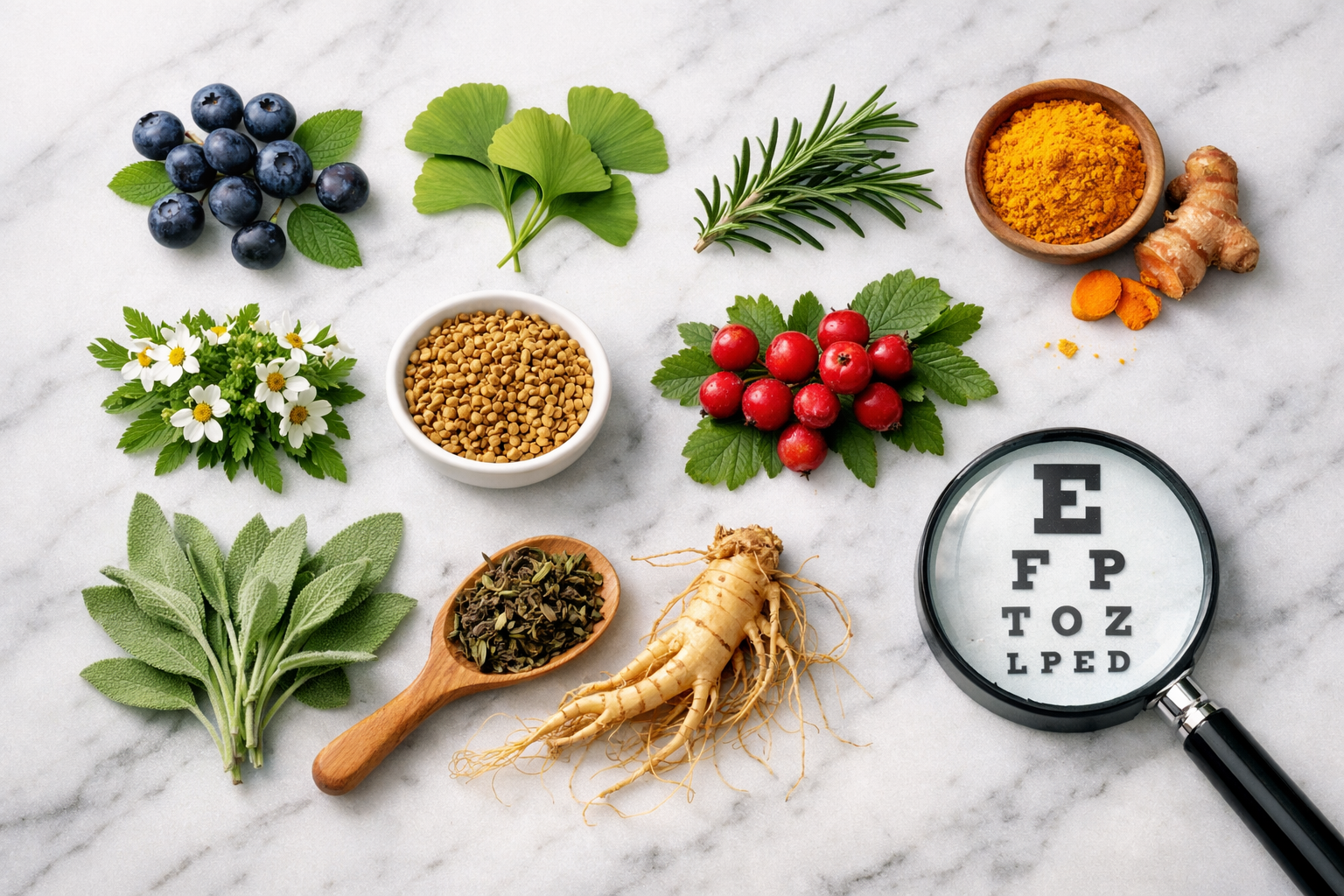 Professional flat-lay photography of 10 medicinal herbs for eye health arranged on a white marble surface: bilberry, ginkgo