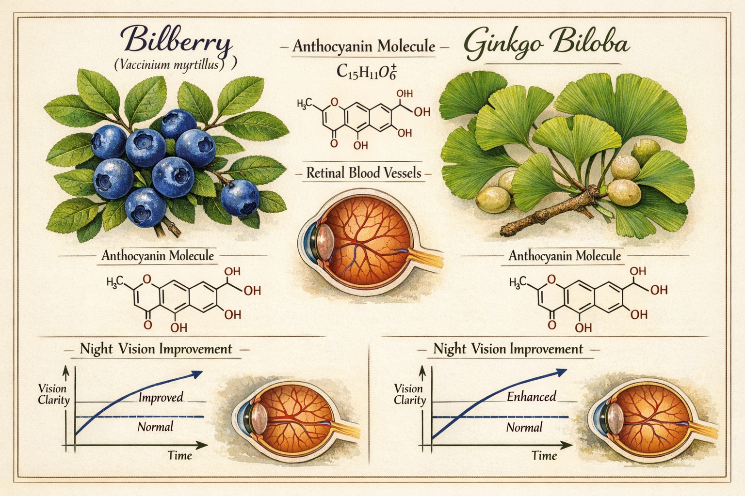Close-up botanical illustration infographic of bilberry and ginkgo biloba side by side, showing anthocyanin molecules,