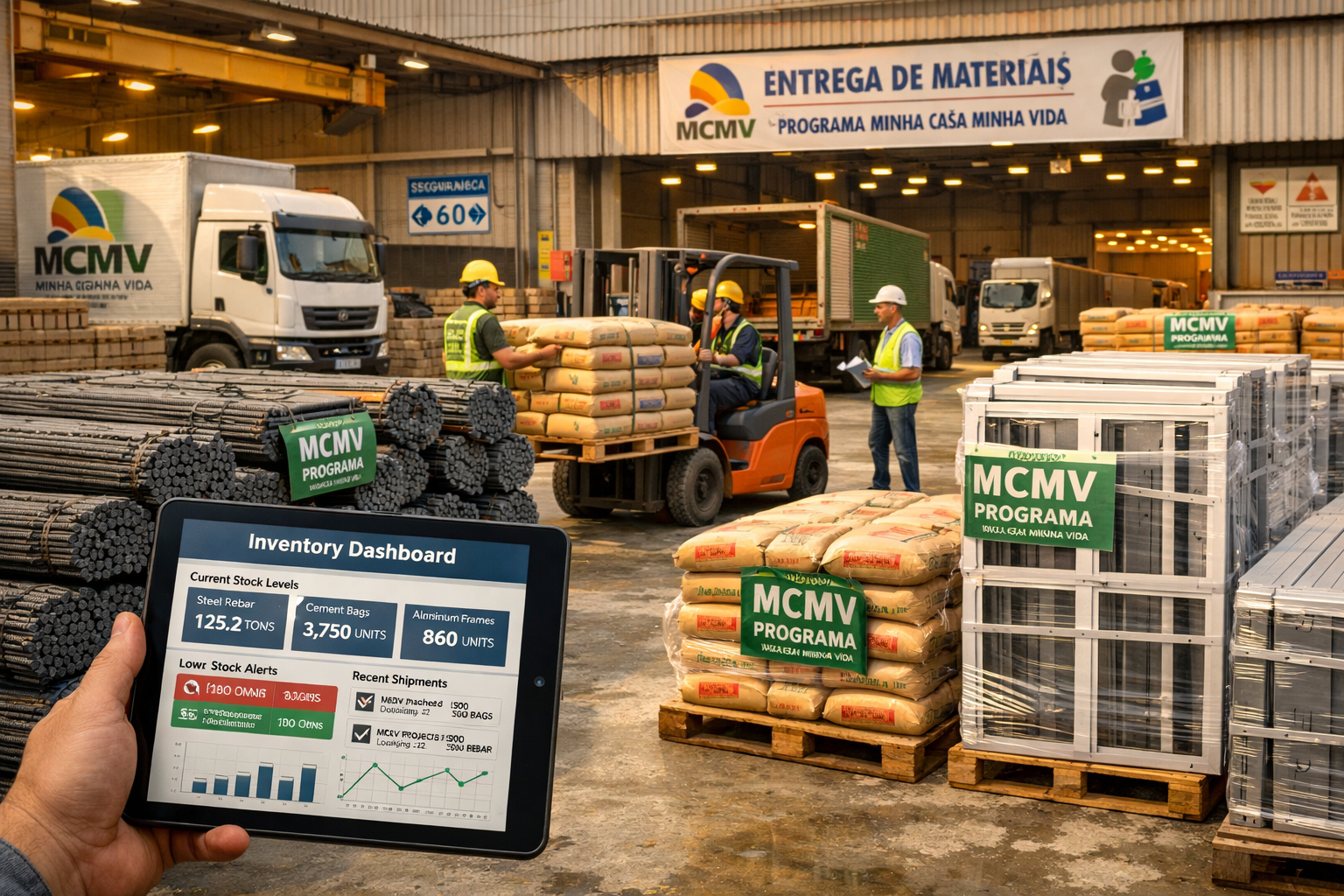 Detailed () image showing close-up view of construction supply chain logistics hub in Brazil with organized inventory of