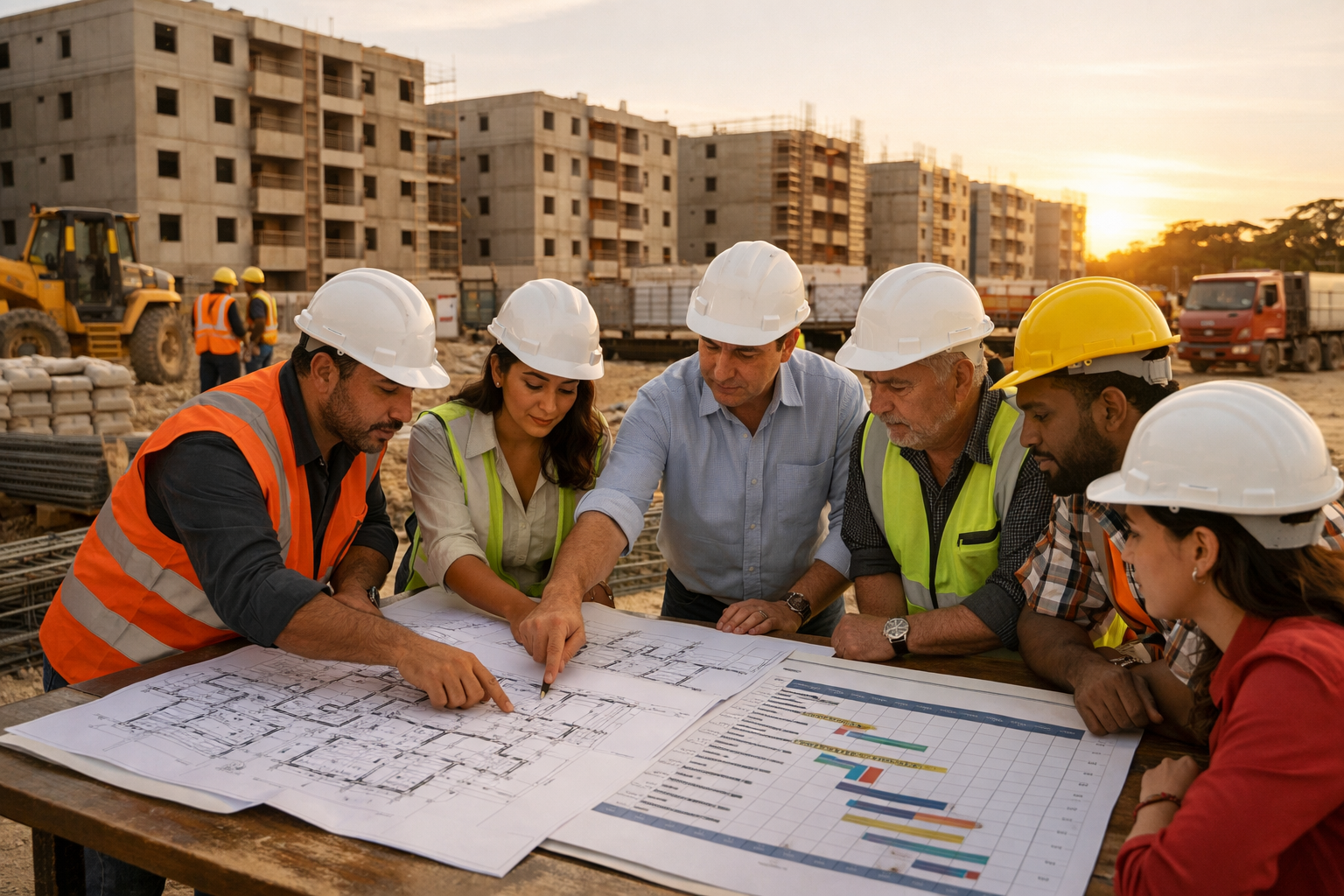 Detailed () image depicting Brazilian construction site meeting with diverse group of developers, contractors, and supply