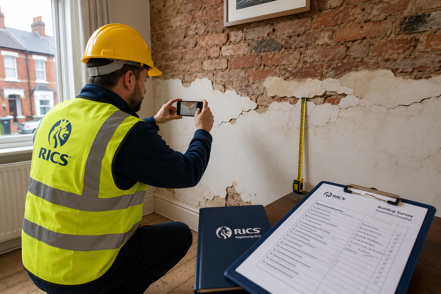 Wide-angle () showing a professional RICS surveyor in a yellow hard hat and hi-vis vest photographing hairline cracks and
