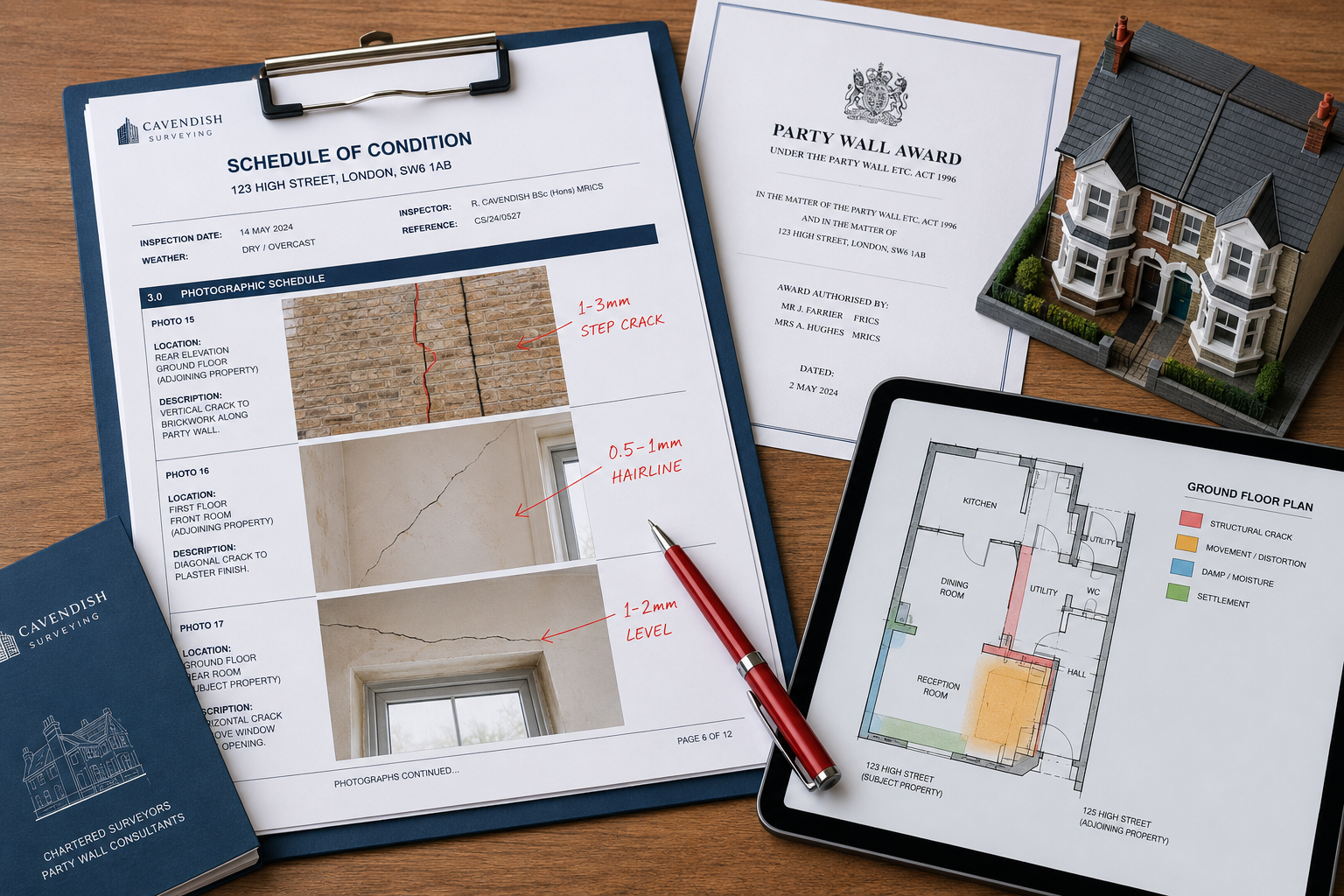 Flat-lay overhead () of a wooden desk showing a formal Schedule of Condition document with annotated photographs of wall