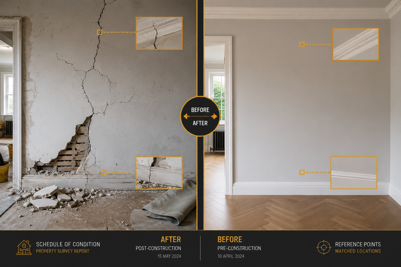 () split-composition image: left side shows a damaged plastered wall with fresh crack lines and debris post-construction in