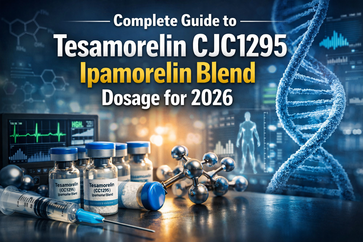 Professional landscape hero image (1536x1024) with bold text overlay: "Complete Guide to Tesamorelin CJC1295 Ipamorelin Blend Dosage for 202