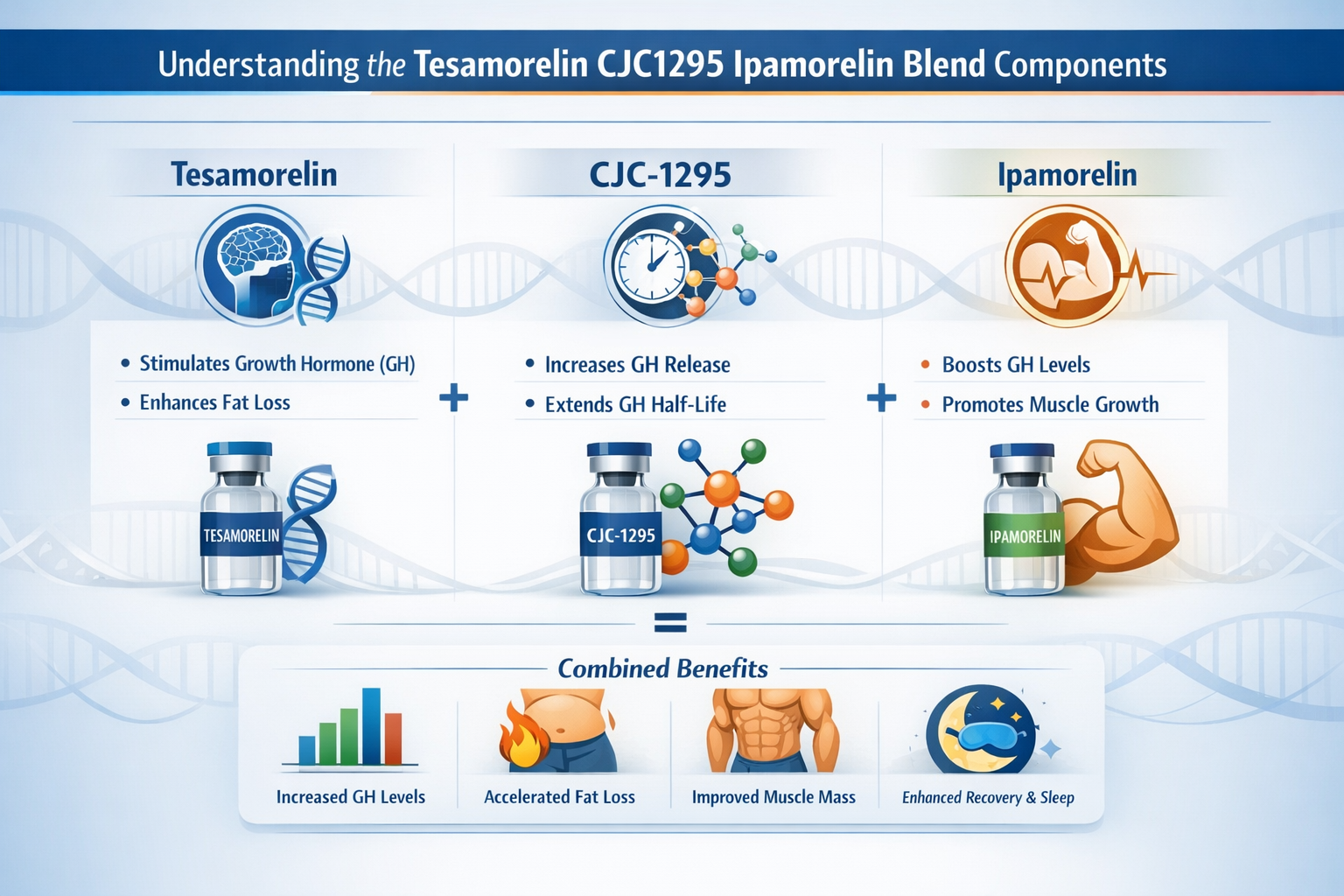 Professional landscape infographic (1536x1024) for article "Complete Guide to Tesamorelin CJC1295 Ipamorelin Blend Dosage for 2026", section