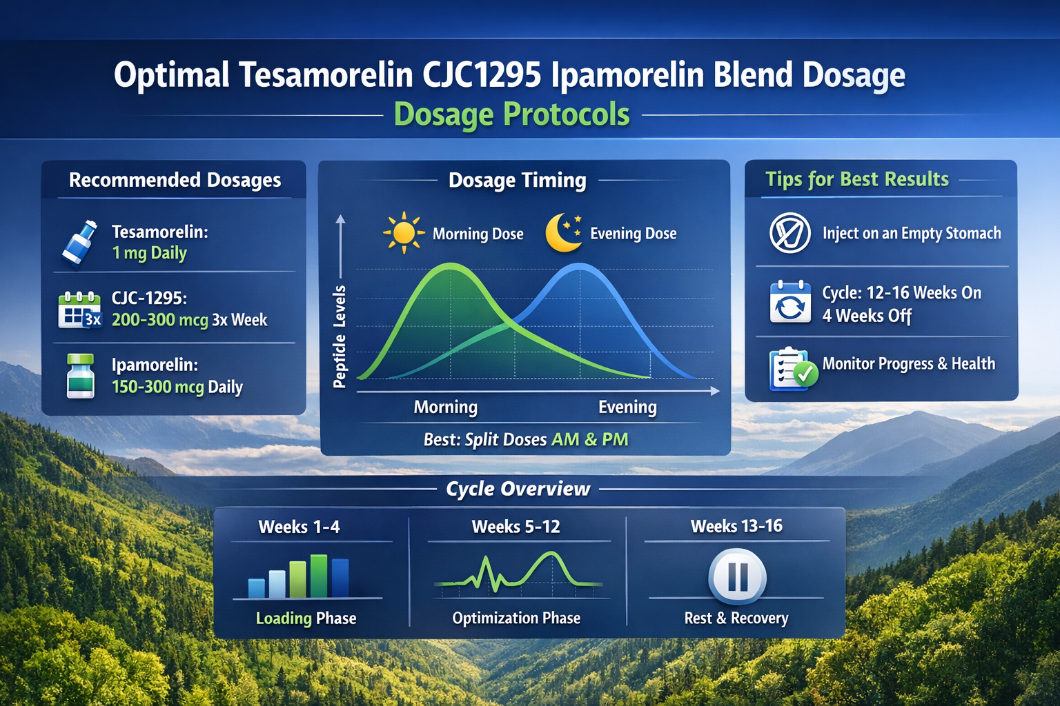 Professional landscape infographic (1536x1024) for article "Complete Guide to Tesamorelin CJC1295 Ipamorelin Blend Dosage for 2026", section