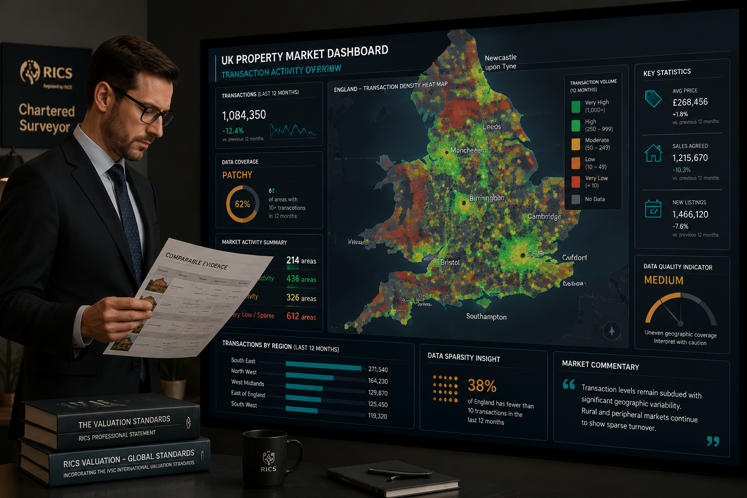 () editorial infographic-style image showing a UK property market data dashboard on a large monitor screen, displaying