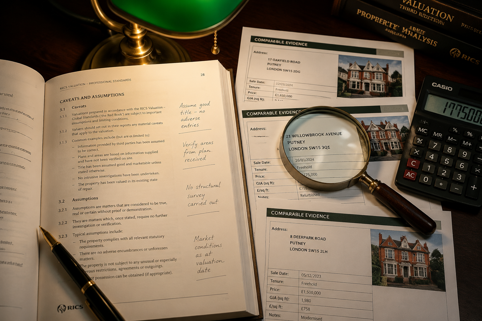 () close-up editorial image of a surveyor's desk showing a RICS Red Book valuation report open to a caveats and assumptions
