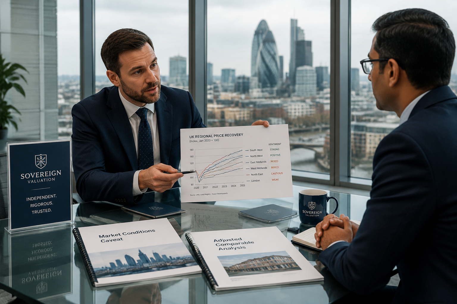() wide editorial scene showing a formal meeting between a valuation surveyor and a mortgage lender representative across a