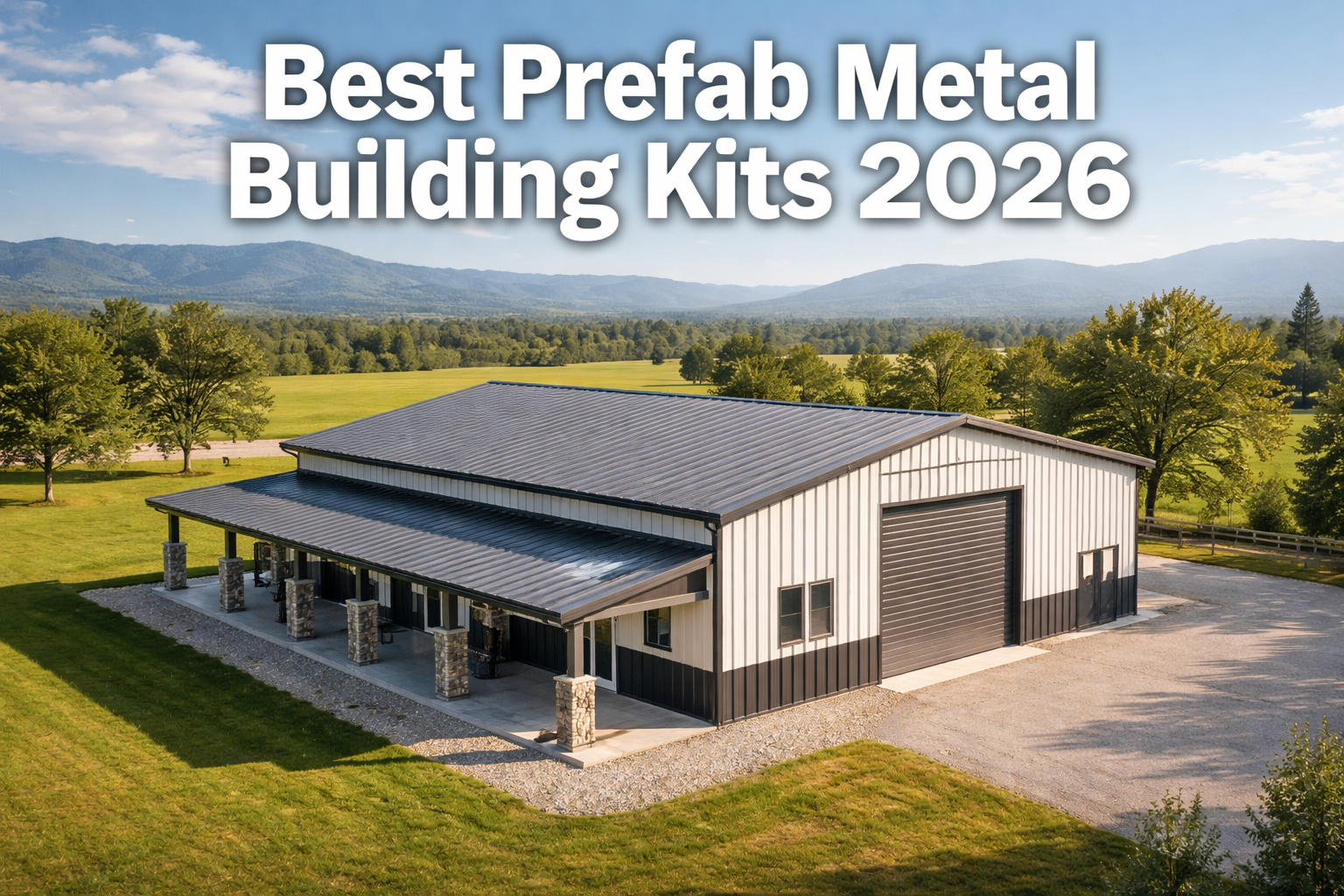 Professional () hero image with : 'Best Prefab Metal Building Kits 2026' in extra large white with dark drop , centered