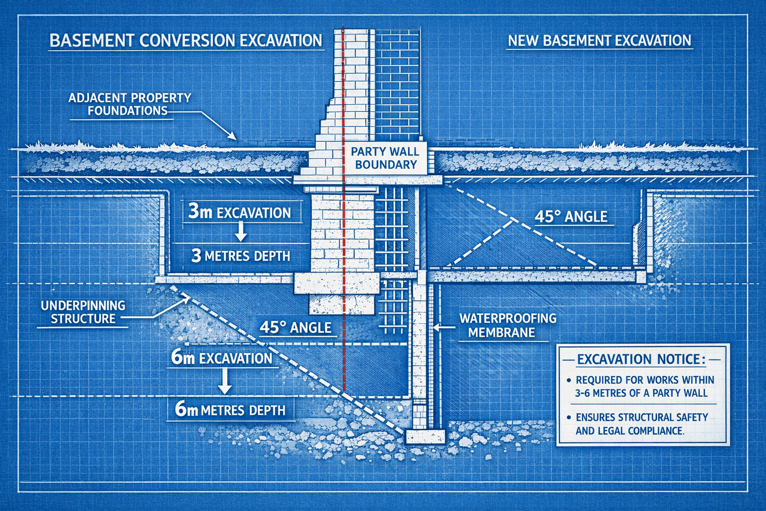 Detailed () image showing close-up cross-section technical illustration of basement conversion excavation near party wall