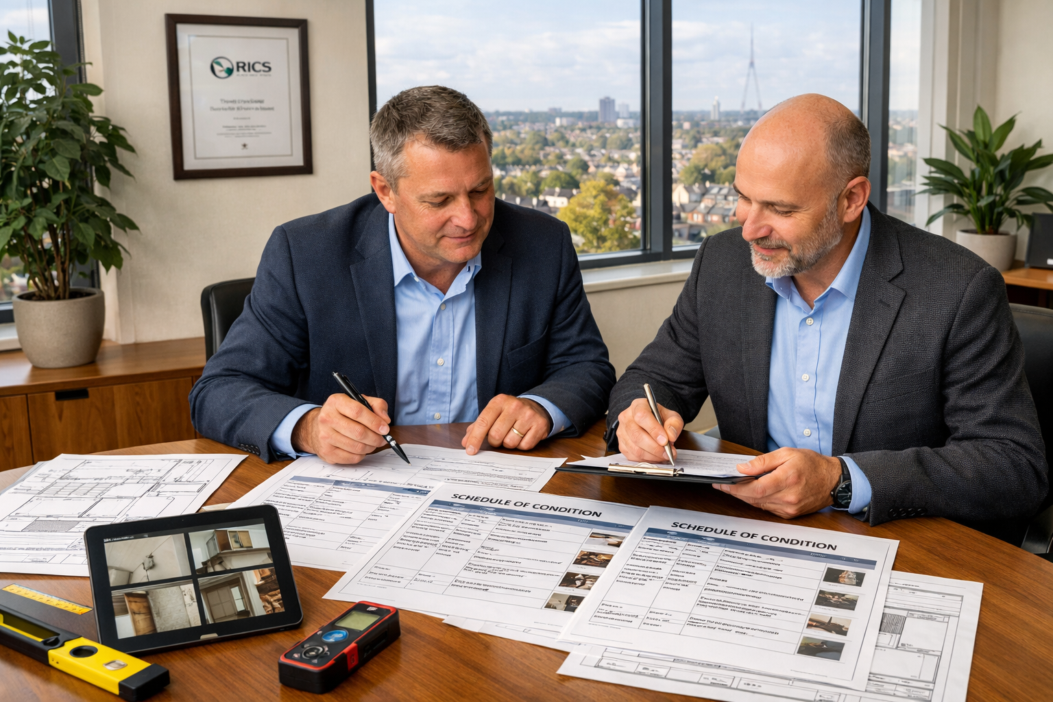 Detailed () image depicting professional party wall surveyor meeting scene in modern bright office with large windows