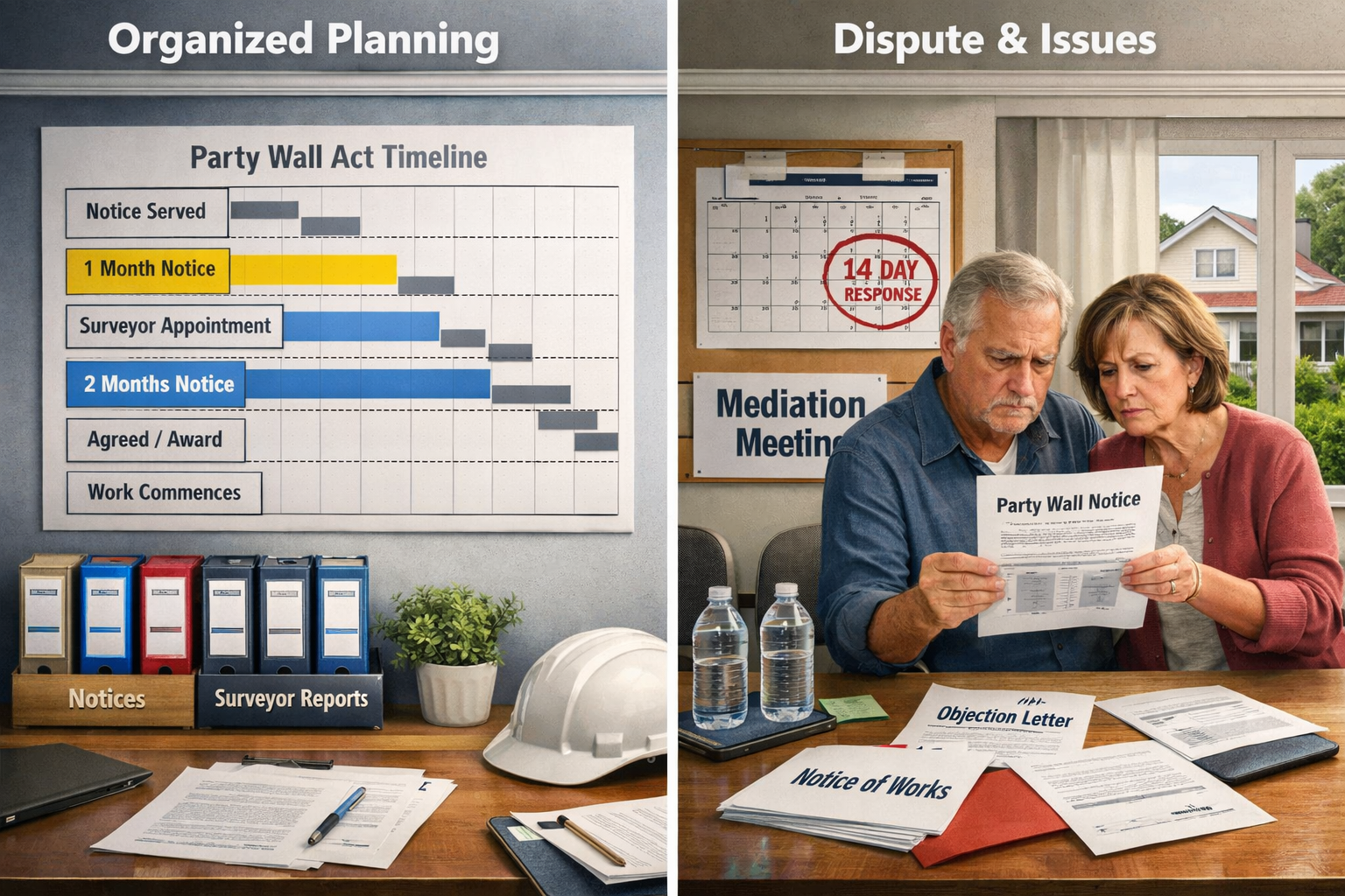 Detailed () image showing split-screen comparison of basement conversion project timeline: left side displays organized