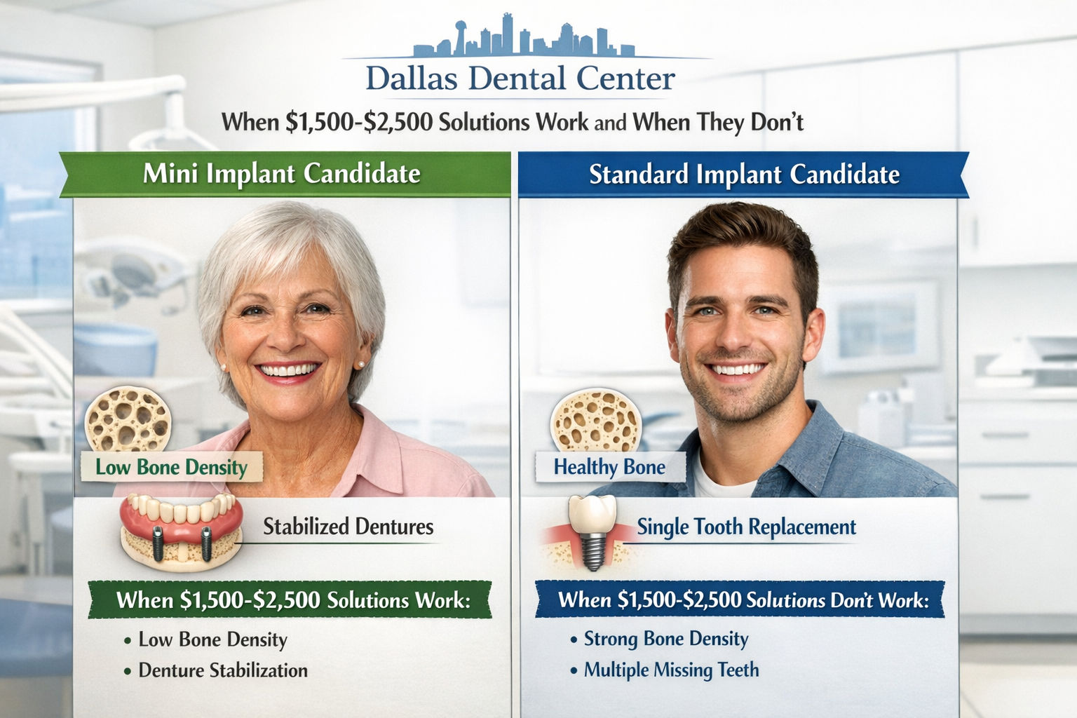 A visually clear graphic demonstrating the ideal patient profiles for mini dental implants versus standard dental implants. One side shows a