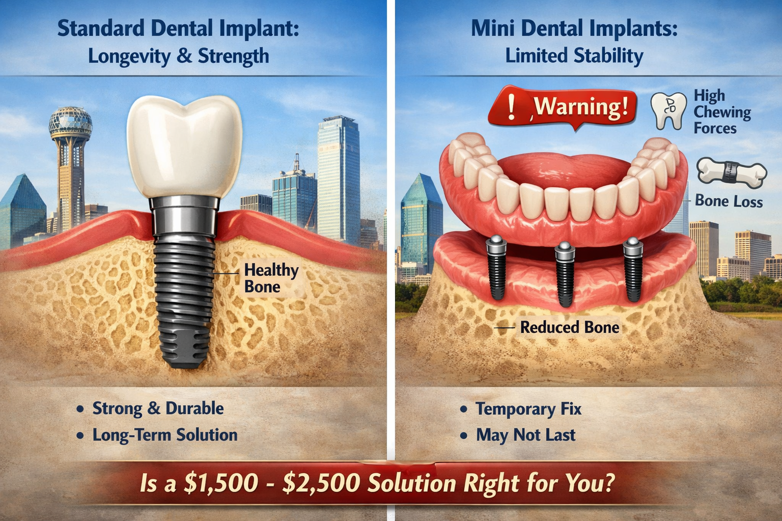 A balanced visual showing the long-term outcomes and potential limitations of both mini and standard dental implants. One panel shows a dura