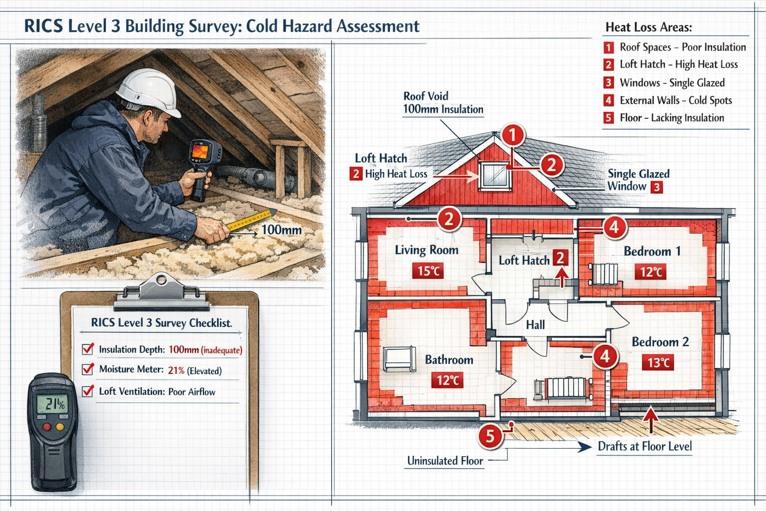 () detailed technical illustration showing RICS Level 3 building survey checklist for bungalow cold hazard assessment.