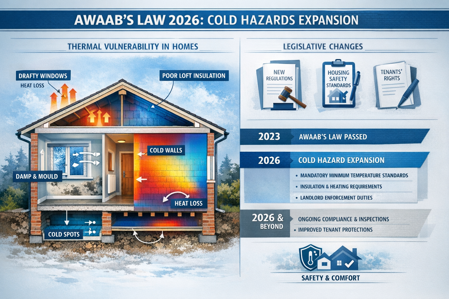 A detailed architectural infographic explaining Awaab's Law 2026 expansion for excess cold hazards, featuring a split-screen