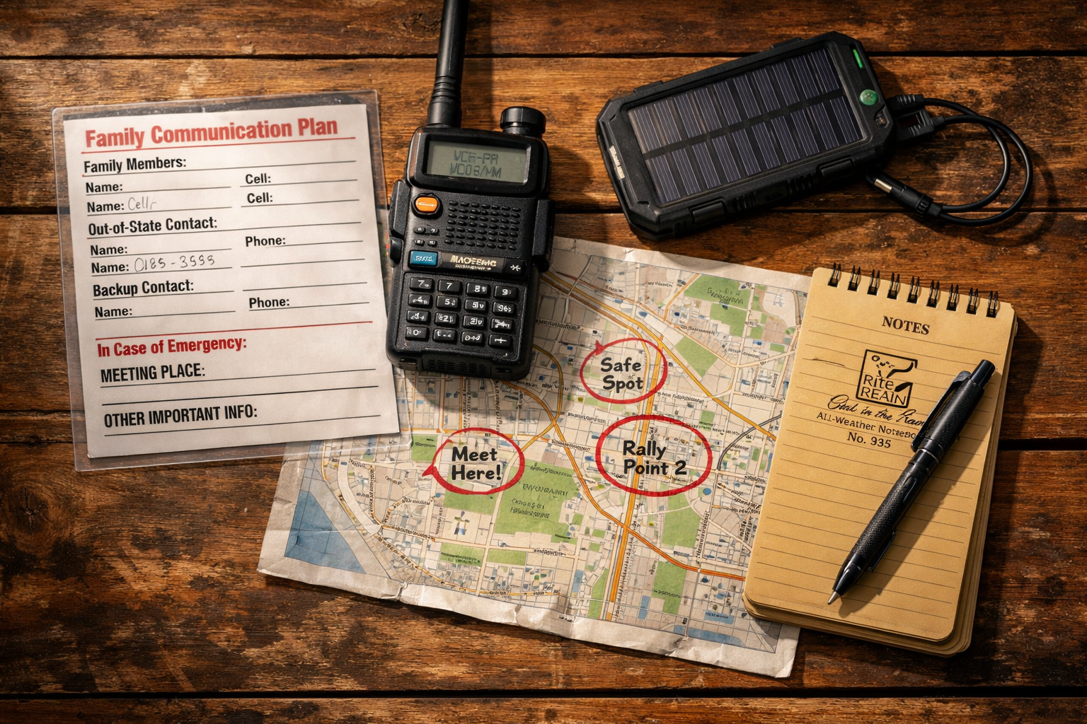 () close-up overhead shot of a wooden table covered with emergency preparedness tools: a laminated family communication card