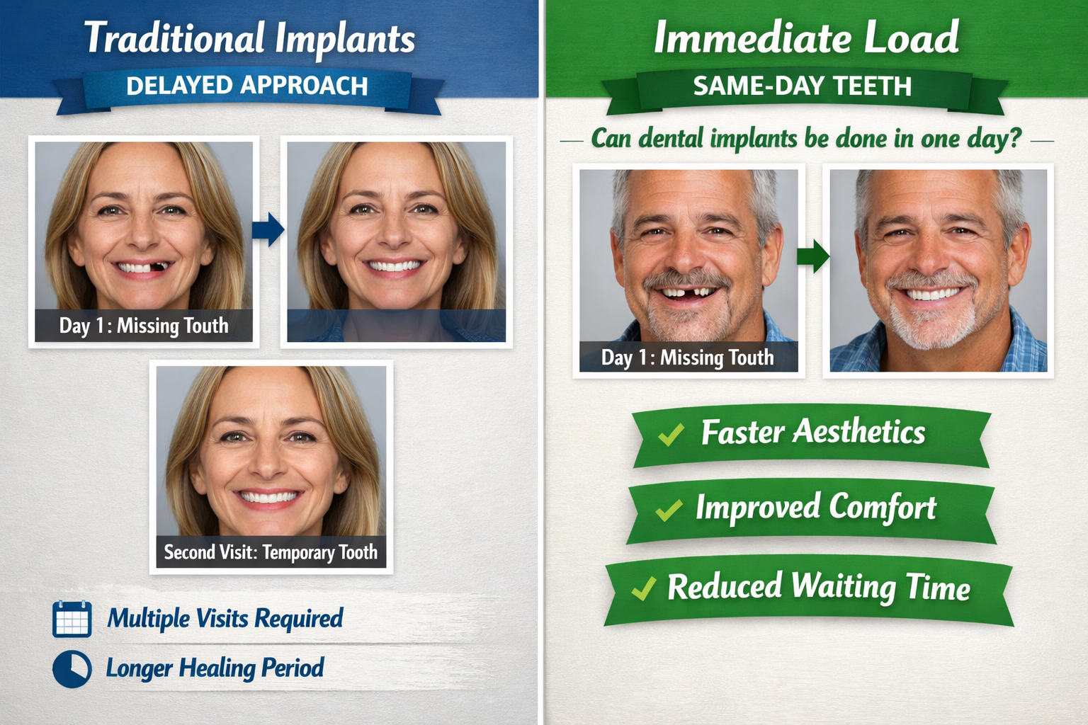 Can dental implants be done in one day (immediate load same-day teeth)?