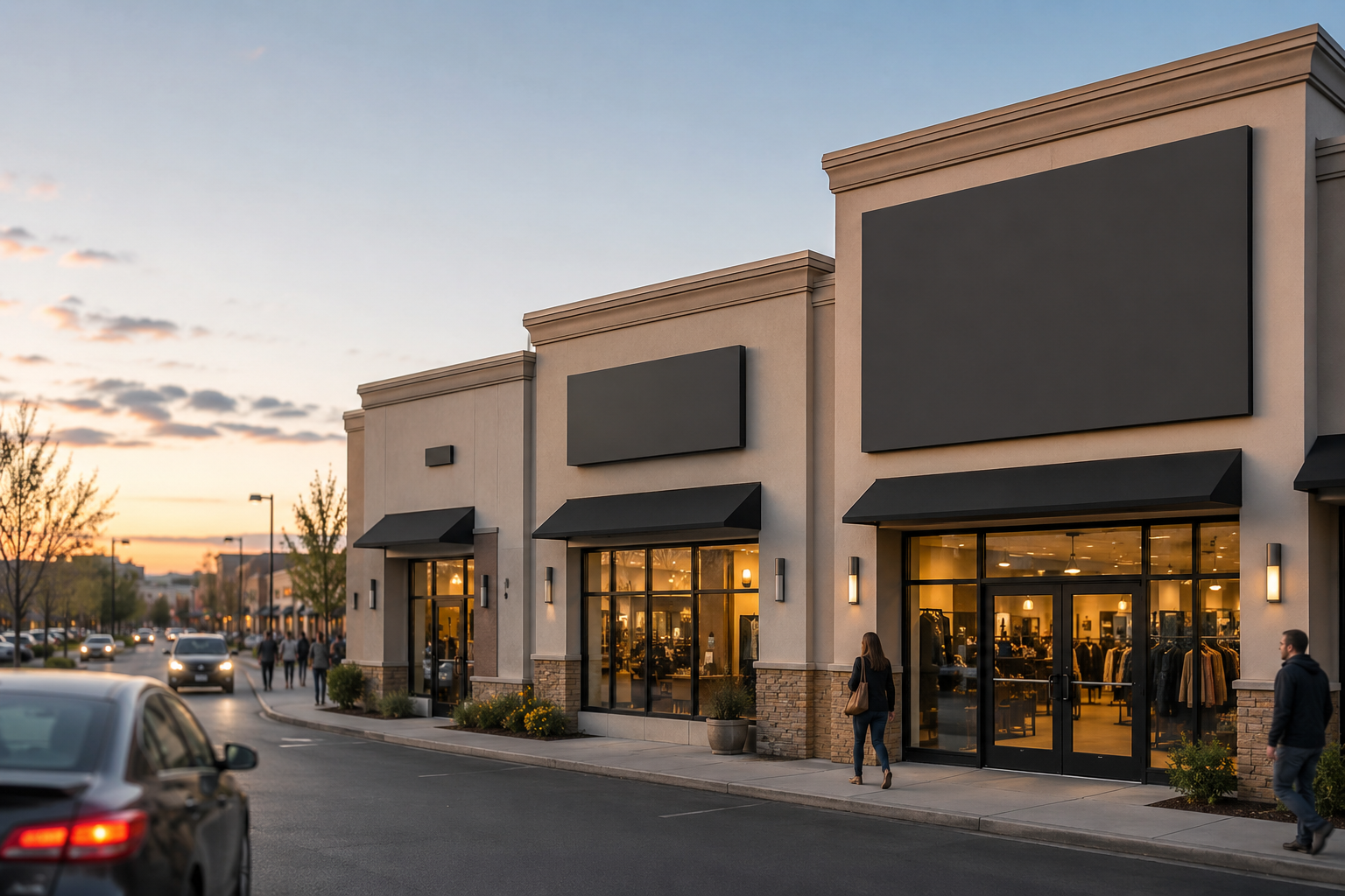 A retail storefront with three different sign sizes mocked up on its facade - one too small and easily missed, one oversized and clashing with the architecture, and one balanced for both visibility and aesthetics - with approaching cars and pedestrians in the background suggesting viewing distance.