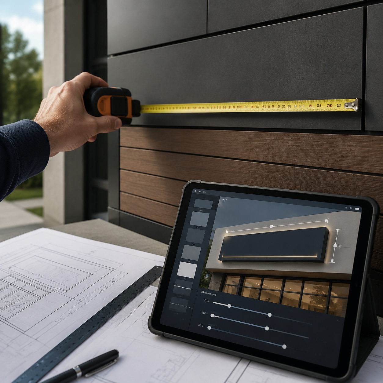 Close-up of a hand holding a measuring tape against a building facade, with architectural notes and a tablet in the background showing a Signage.com Design Studio mockup - a digital preview of a custom business sign with adjustable size parameters.