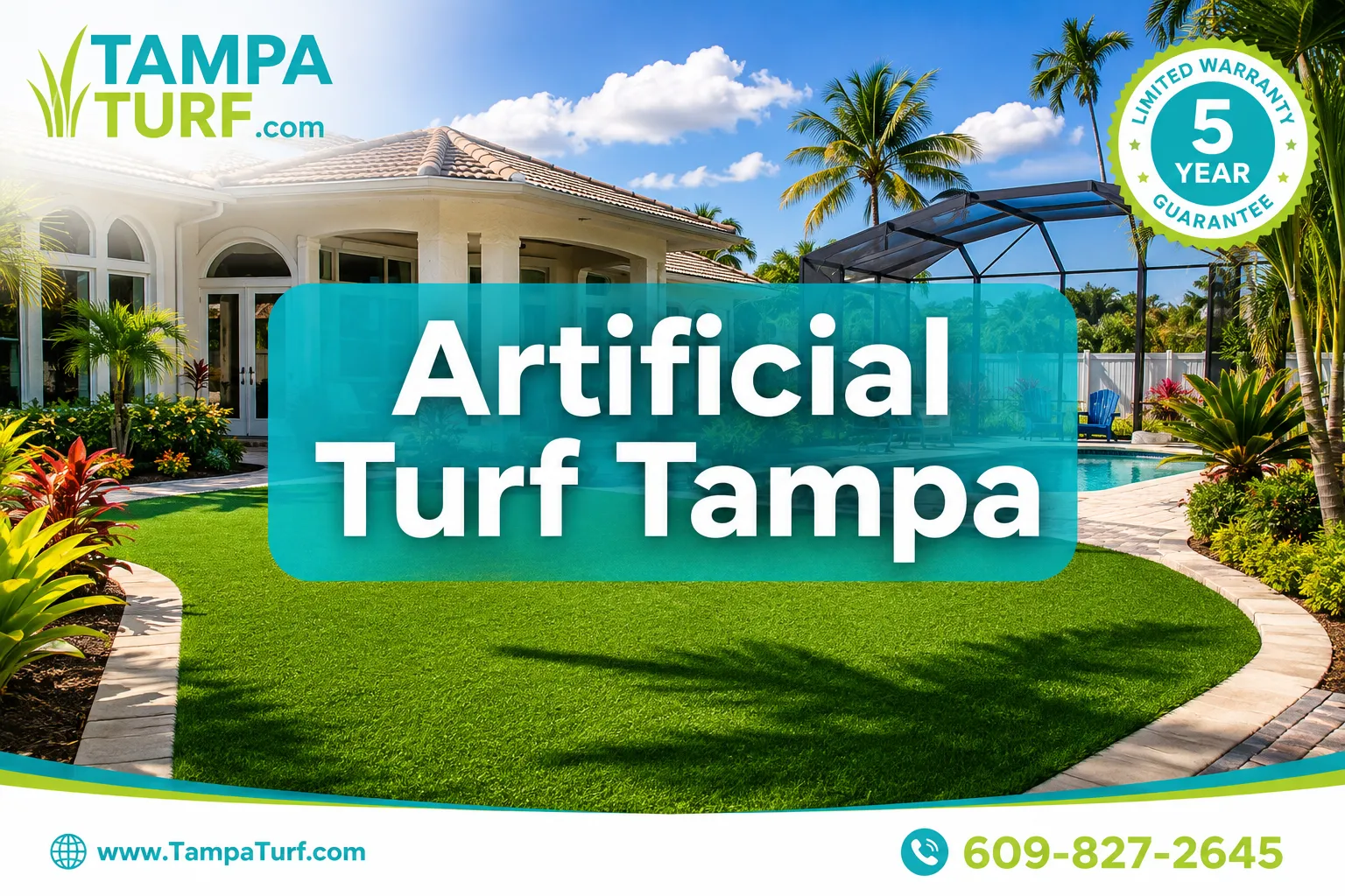 Professional () editorial hero image with SHORT : 'Artificial Turf Tampa' in crisp white modern , centered on a