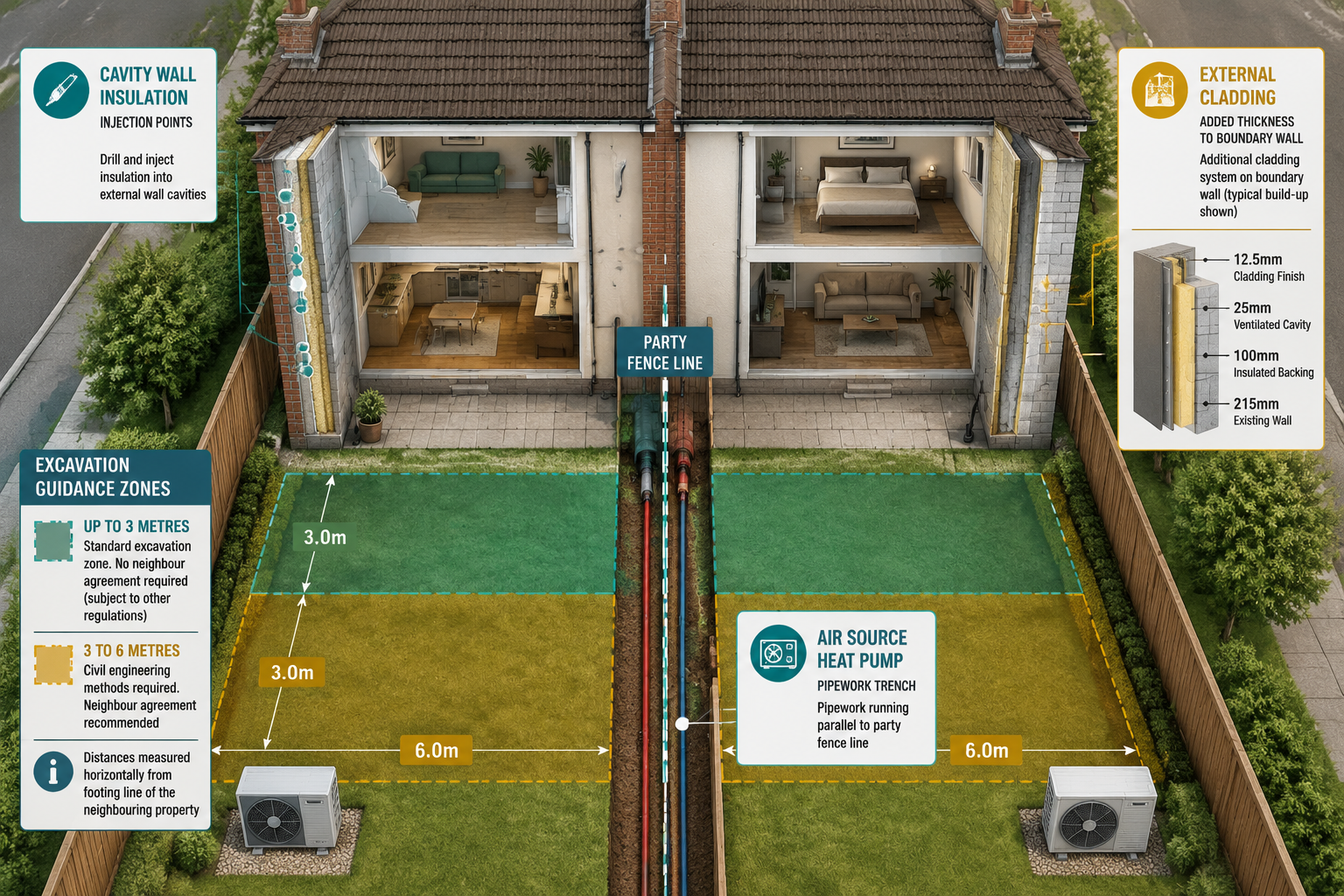 Overhead bird's-eye view illustration of two adjoining terraced houses showing cross-section of cavity wall insulation
