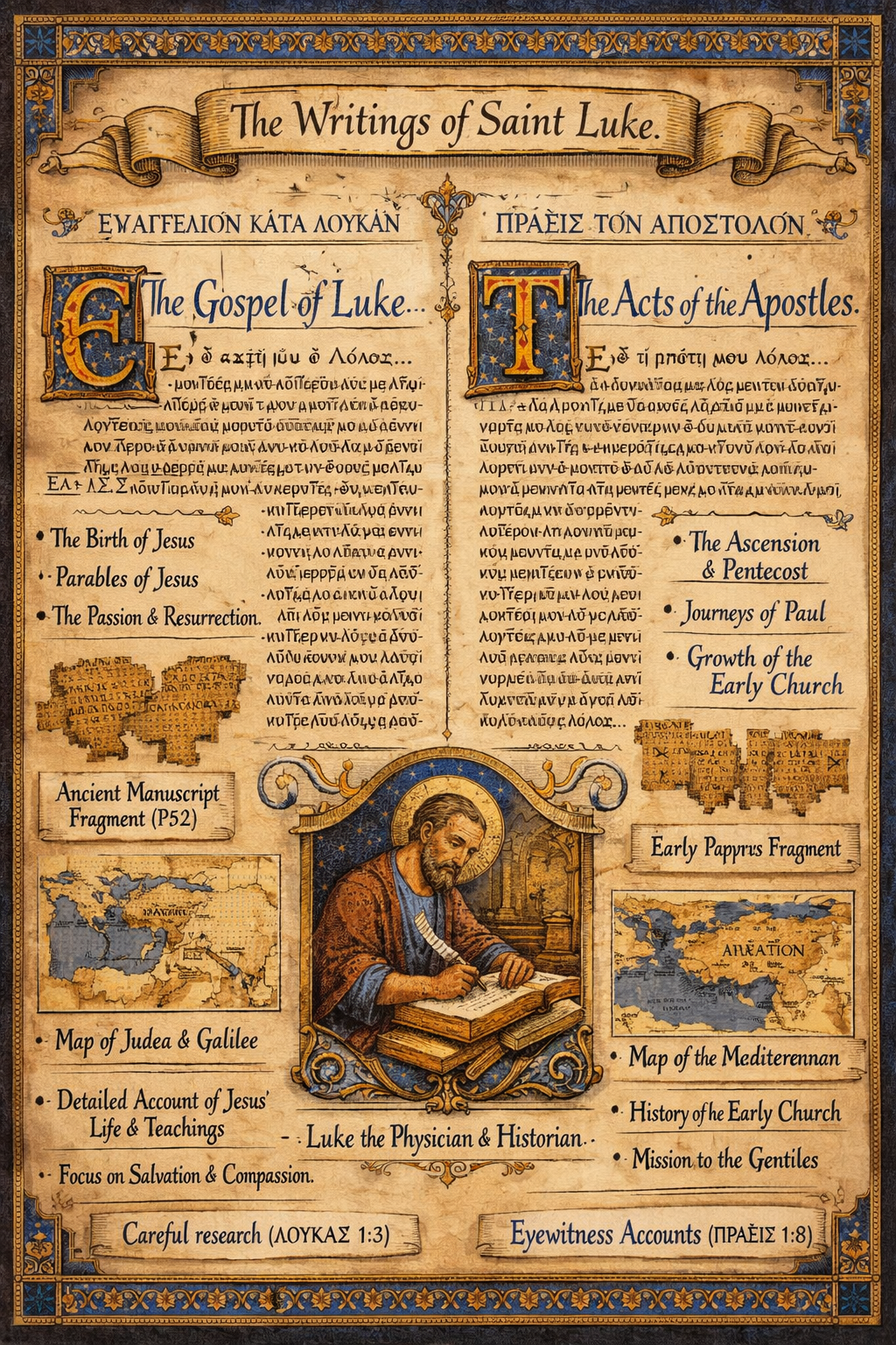 Comprehensive biblical manuscript visualization showing Luke's scriptural contributions, featuring side-by-side comparison of Luke's Gospel 