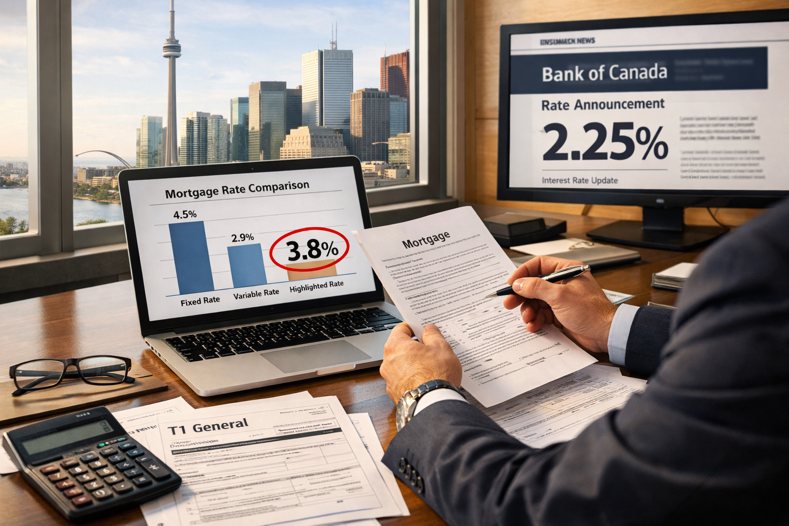 () editorial image showing close-up of professional self-employed business owner reviewing mortgage documents at modern