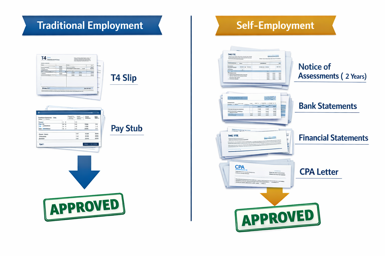 () infographic-style image displaying side-by-side comparison chart of traditional employment versus self-employment