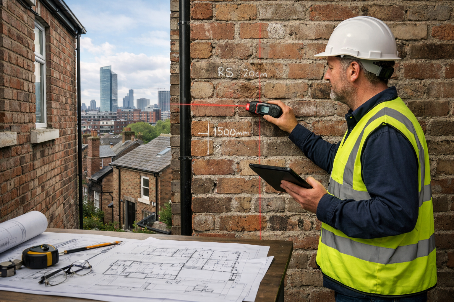 Detailed () image showing professional party wall surveyor in high-visibility vest and hard hat conducting inspection