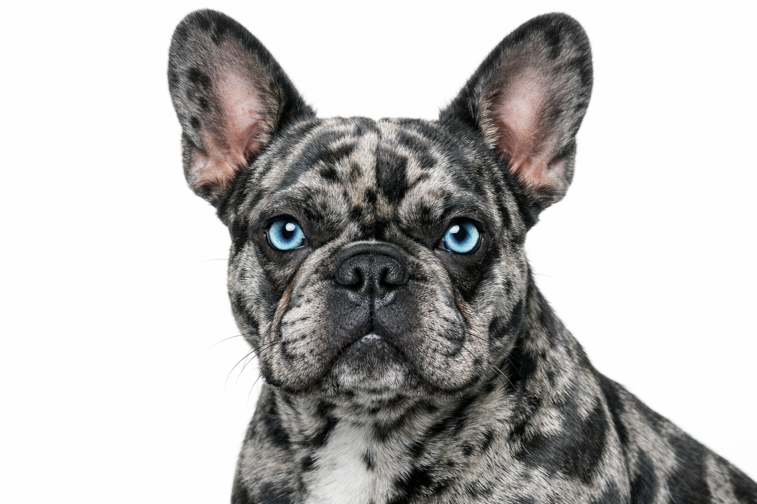 () close-up portrait of a blue merle French Bulldog showing the distinctive mottled gray, black, and silver coat pattern