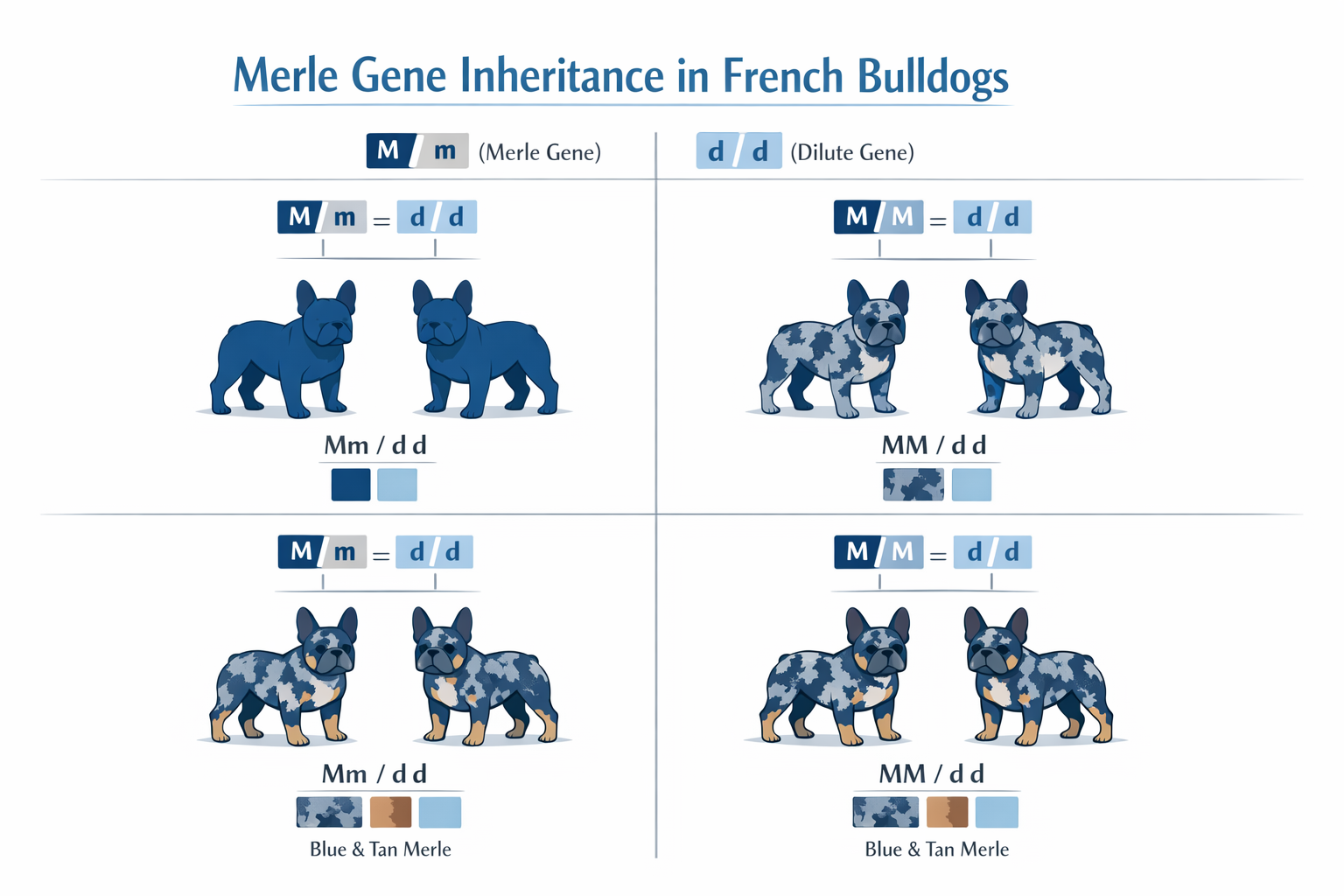 () split-panel genetics infographic showing merle gene inheritance diagram with French Bulldog silhouettes in different