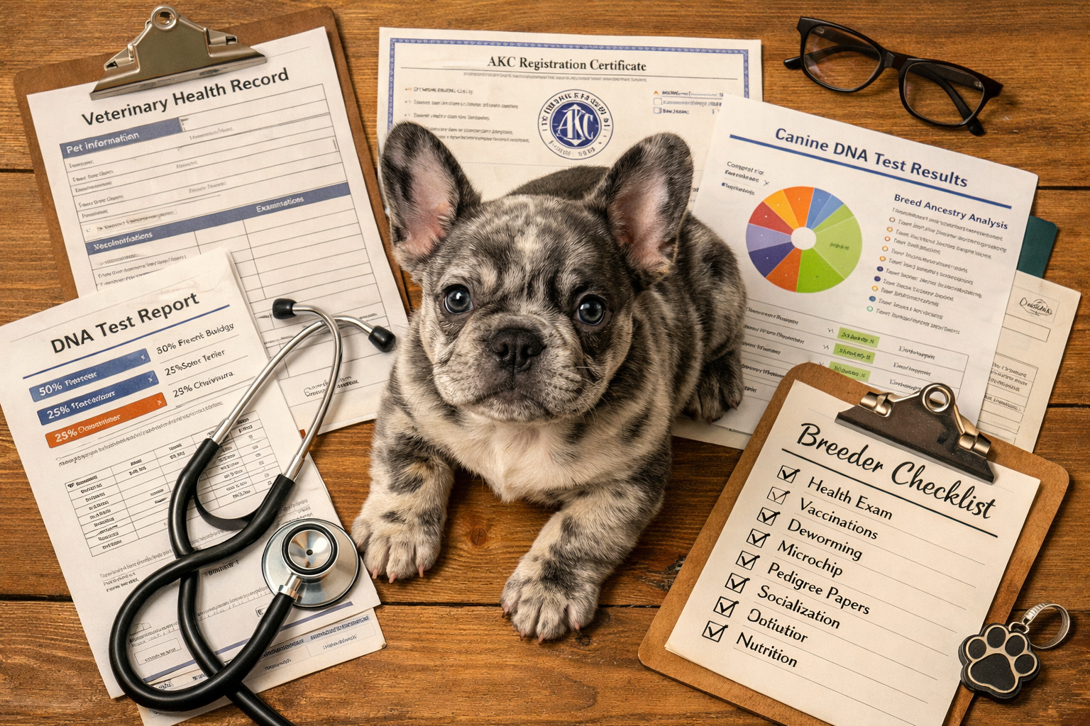 () overhead flat-lay composition showing blue merle French Bulldog puppy surrounded by health documentation papers, DNA test
