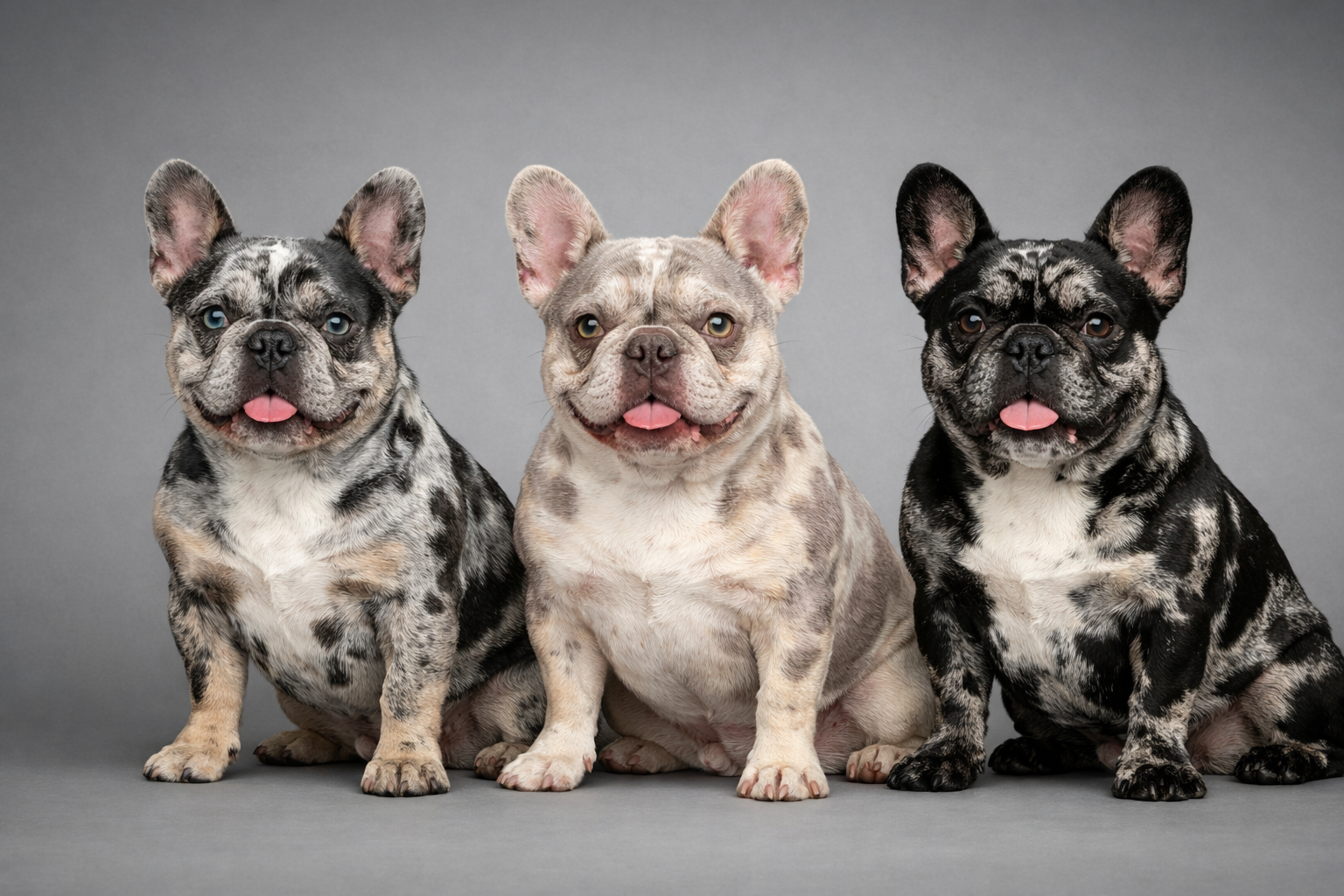 () side-by-side comparison image showing three French Bulldogs: a blue merle, a lilac merle, and a black merle sitting in a